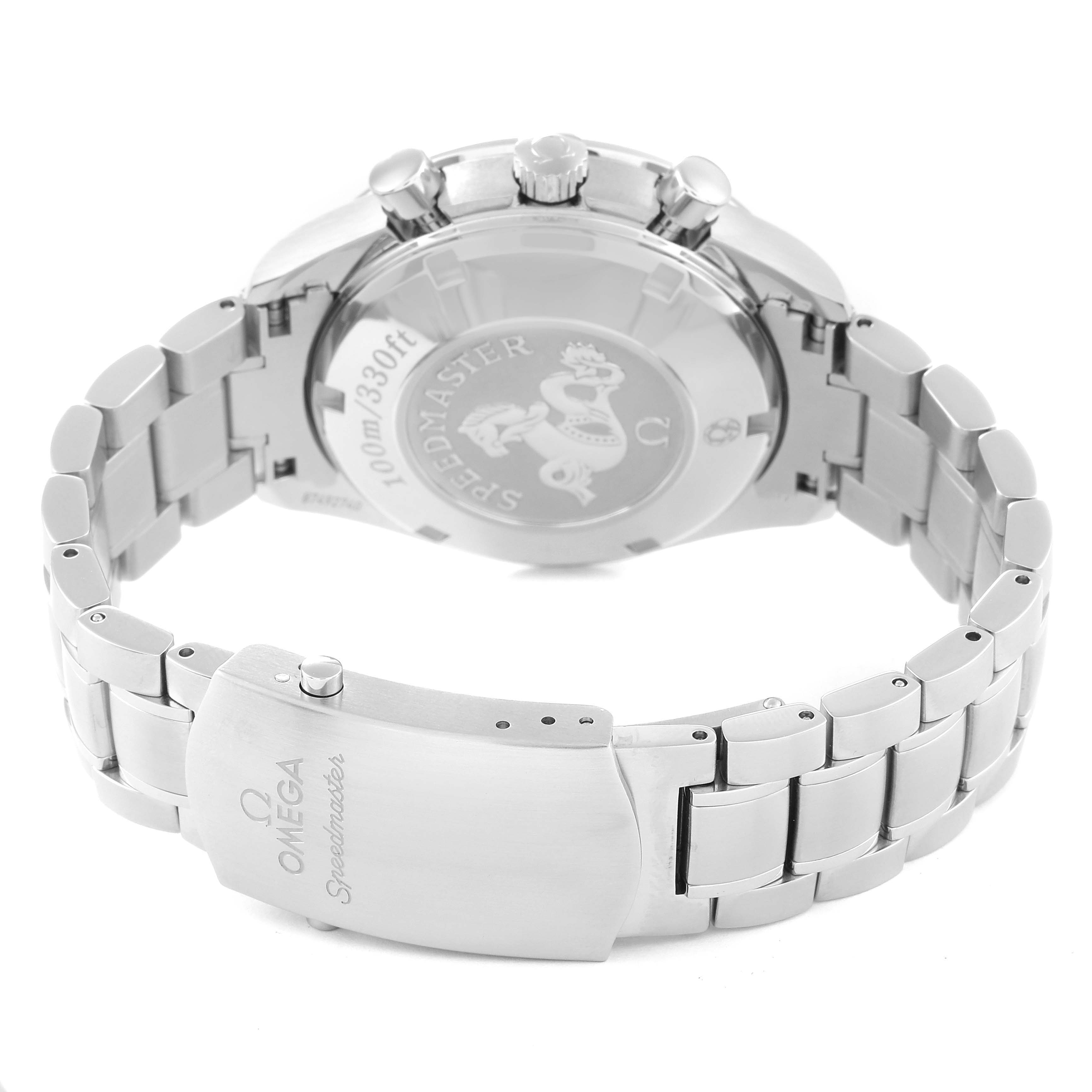 The image shows the back case and metal bracelet of an Omega Speedmaster 323.30.40.40.06.001 Men's Stainless Steel Grey Dial 323.30.40.40.06.001 Men's Stainless Steel Grey Dial watch, highlighting the clasp and intricate case engraving.