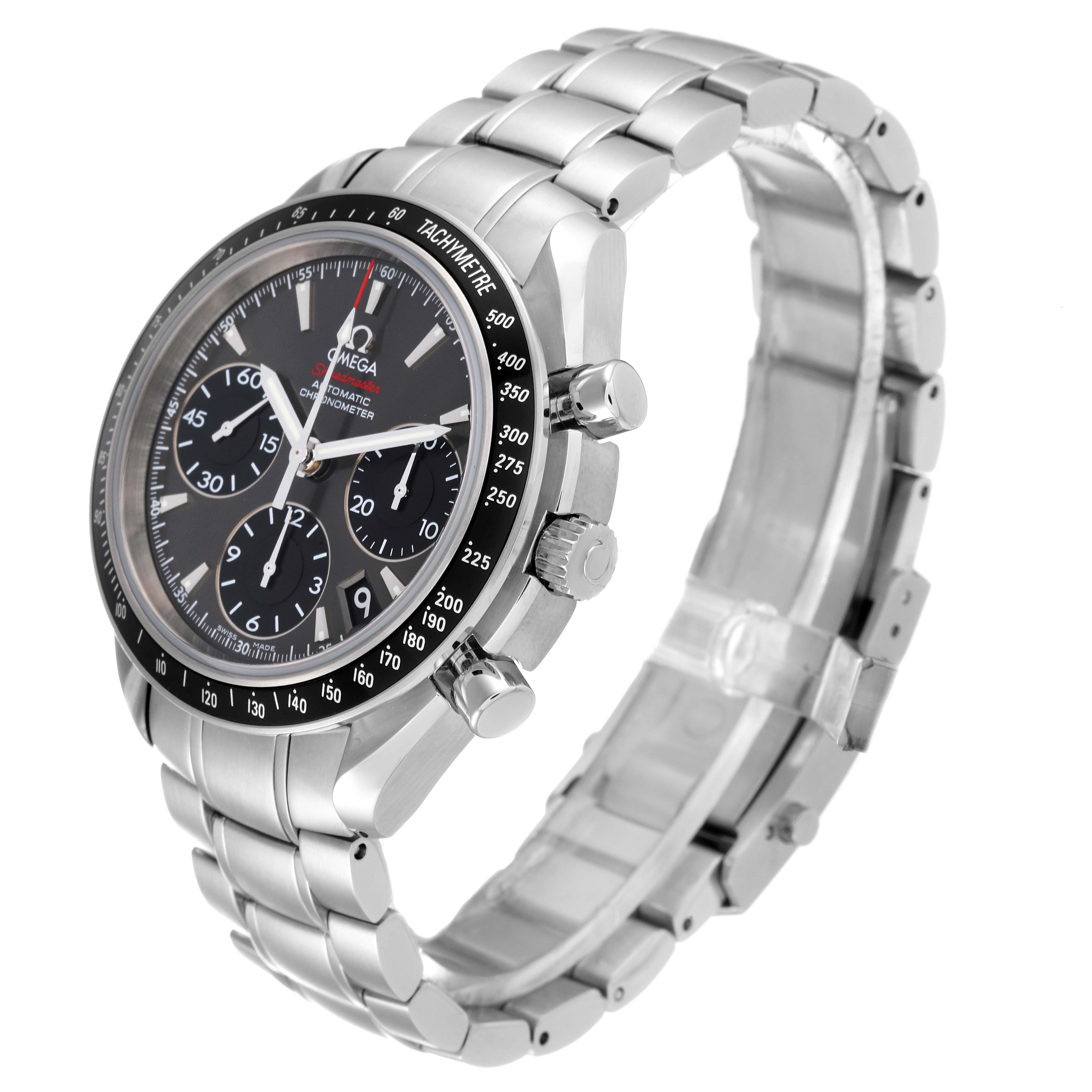 The image shows an Omega Speedmaster 323.30.40.40.06.001 Men's Stainless Steel Grey Dial 323.30.40.40.06.001 Men's Stainless Steel Grey Dial watch at a slight angle, highlighting the dial, bracelet, and side pushers.