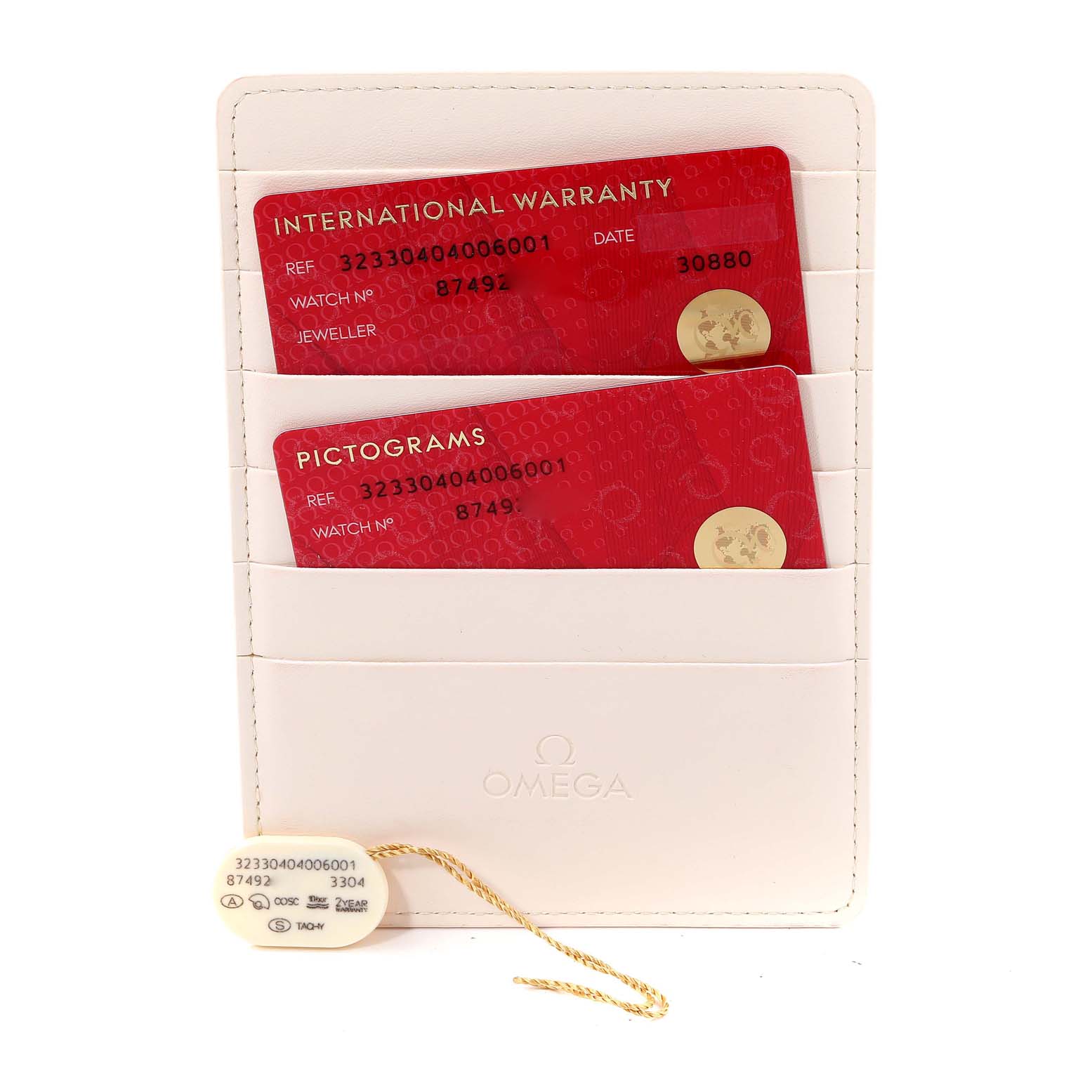 The image shows an Omega Speedmaster 323.30.40.40.06.001 Men's Stainless Steel Grey Dial 323.30.40.40.06.001 Men's Stainless Steel Grey Dial watch warranty card holder with international warranty and pictogram cards.