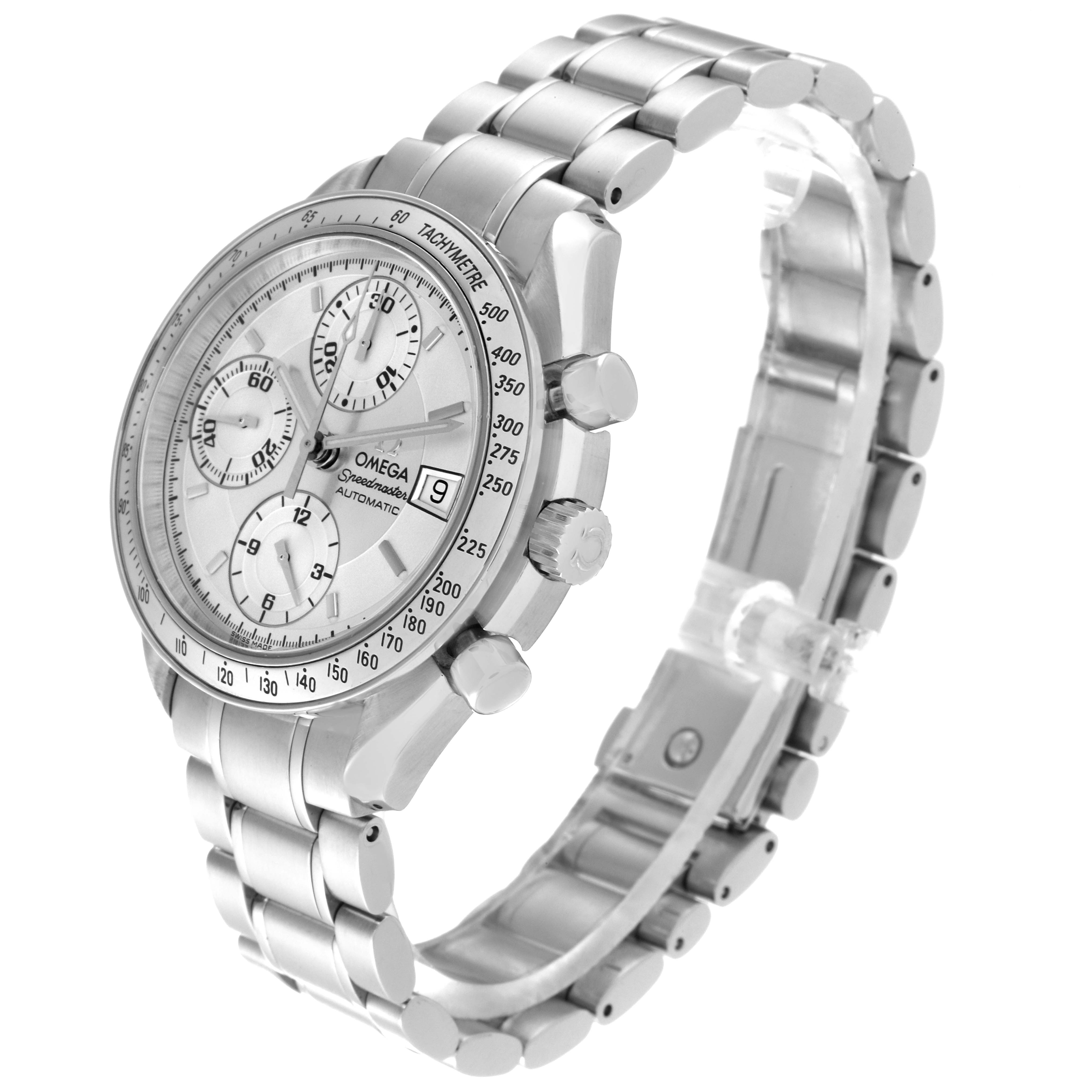 The Omega Speedmaster 3513.30.00 Men
s Stainless Steel Silver Dial 3513.30.00 Men
s Stainless Steel Silver Dial watch is shown at a three-quarter angle, highlighting the face, tachymeter bezel, and metal bracelet.