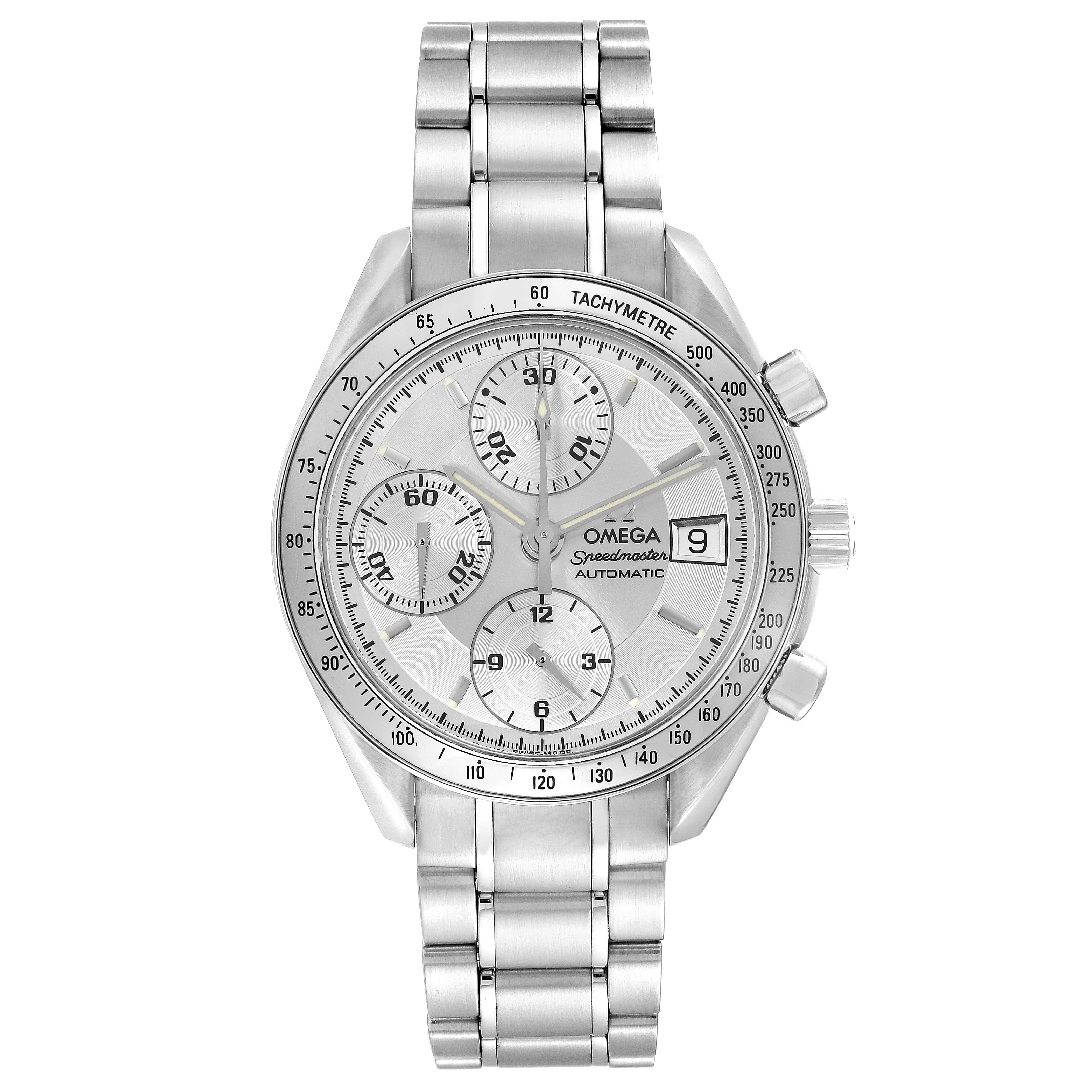 The image shows a frontal view of an Omega Speedmaster 3513.30.00 Men
s Stainless Steel Silver Dial 3513.30.00 Men
s Stainless Steel Silver Dial watch, highlighting its dial, chronograph subdials, date window, and stainless steel bracelet.