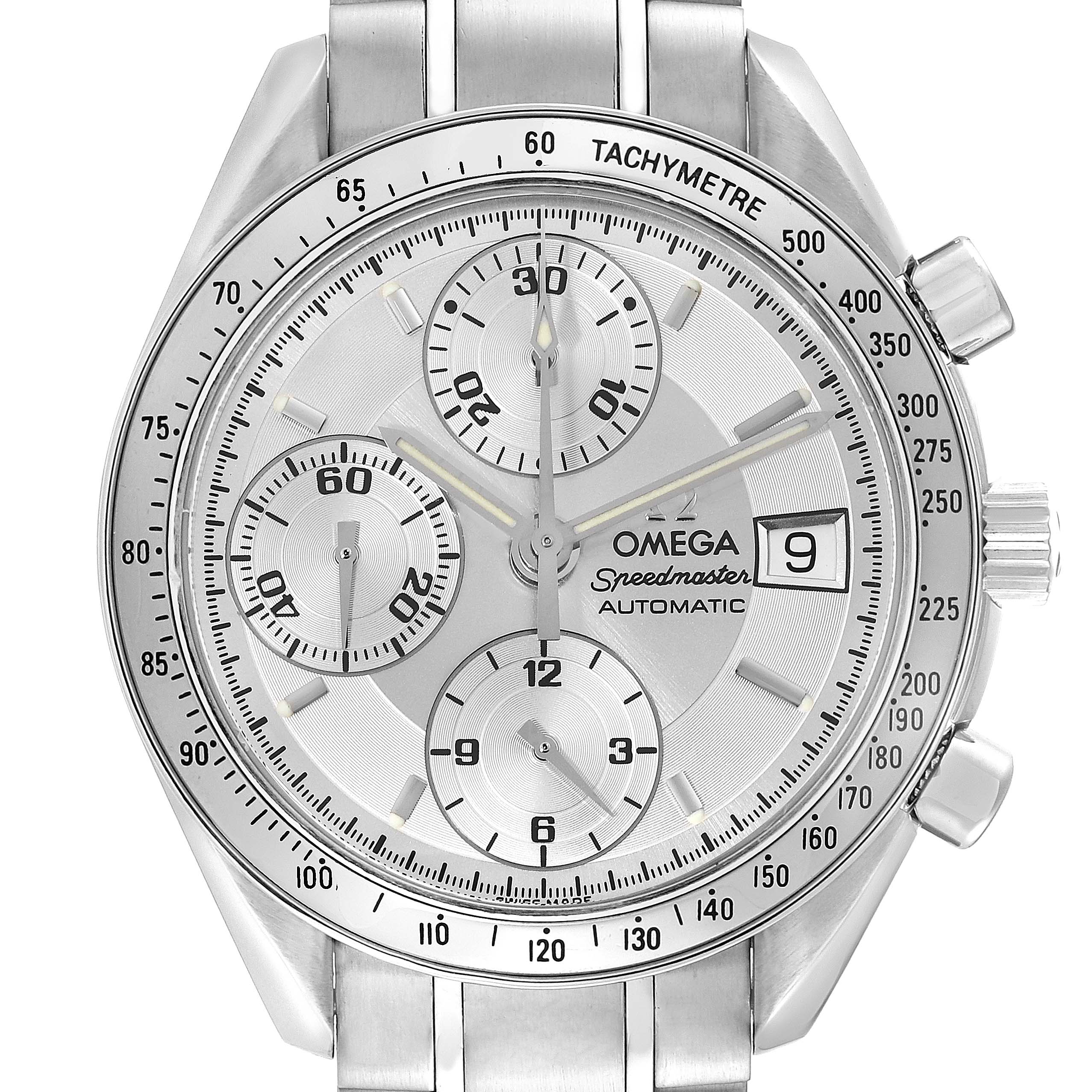 The Omega Speedmaster 3513.30.00 Men
s Stainless Steel Silver Dial 3513.30.00 Men
s Stainless Steel Silver Dial watch is shown from a front-facing angle, highlighting its dial, sub-dials, and tachymeter scale.