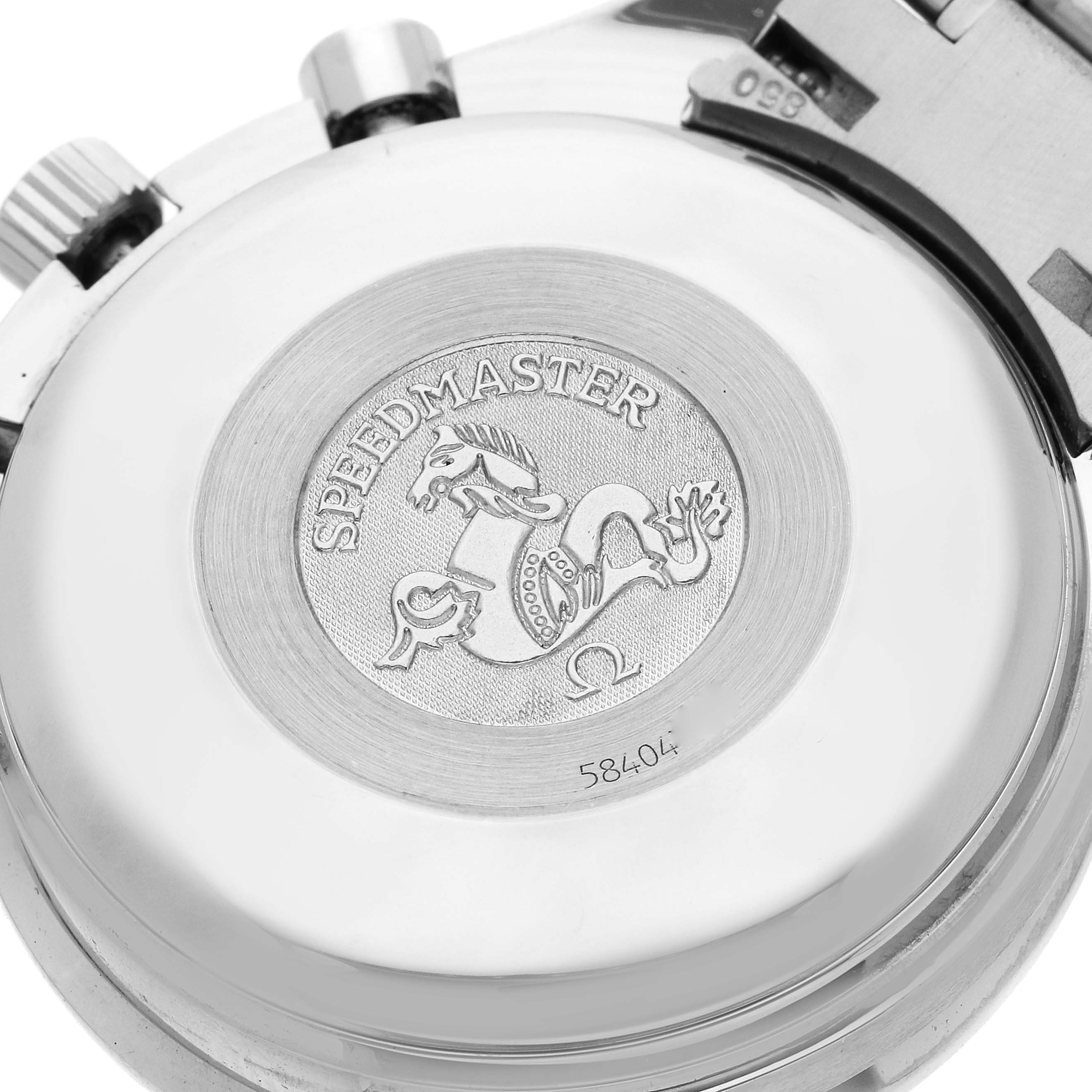 The image shows the back case and part of the bracelet of an Omega Speedmaster 3513.30.00 Men
s Stainless Steel Silver Dial 3513.30.00 Men
s Stainless Steel Silver Dial watch.