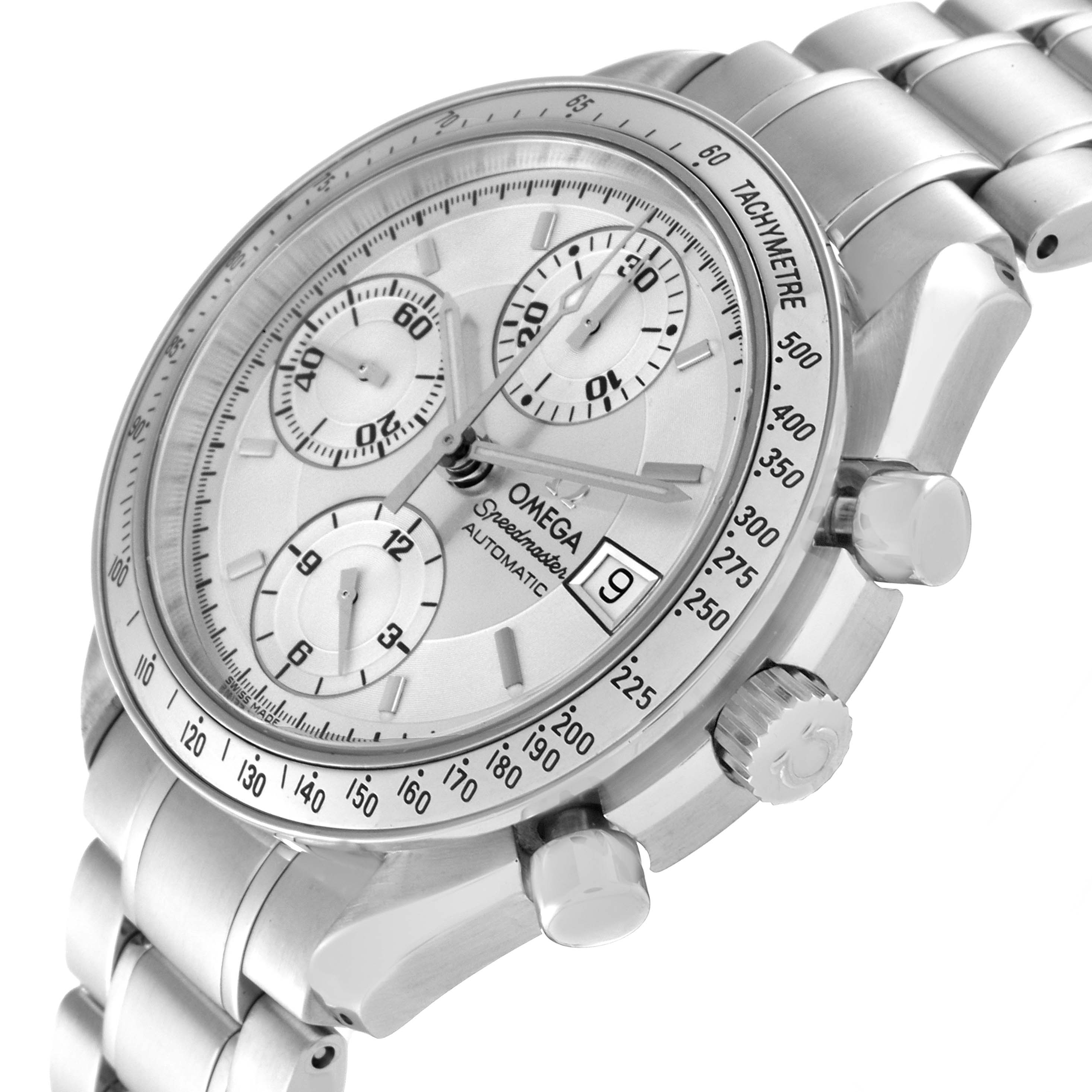 This image shows the Omega Speedmaster 3513.30.00 Men
s Stainless Steel Silver Dial 3513.30.00 Men
s Stainless Steel Silver Dial watch from an oblique angle, highlighting its face, subdials, bezel, pushers, and bracelet.