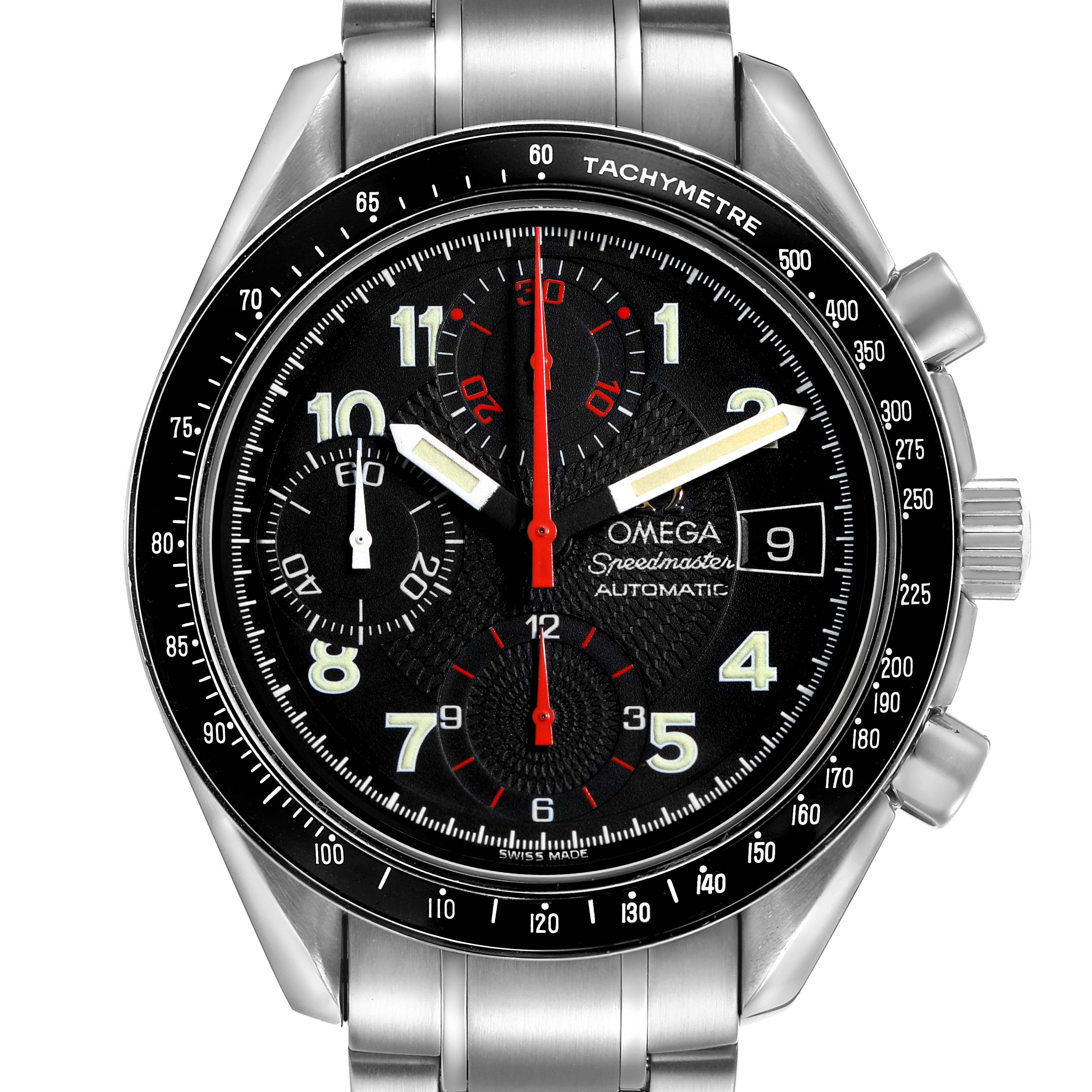 The Omega Speedmaster 3813.53.26 Men's Stainless Steel Black Dial watch is shown from the front, displaying the dial, hands, subdials, and tachymetre bezel.
