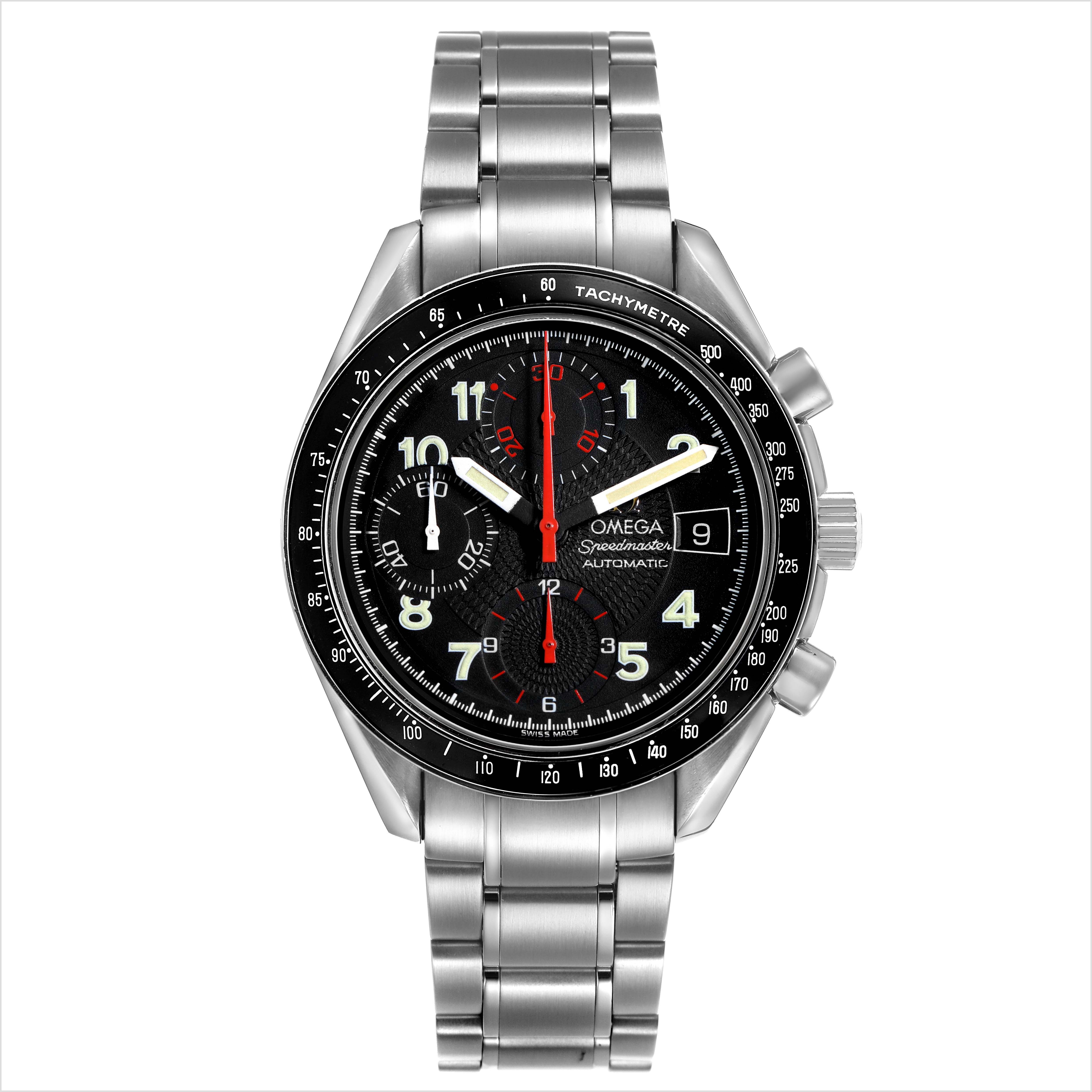 The Omega Speedmaster 3813.53.26 Men's Stainless Steel Black Dial watch is shown from a front angle, displaying the dial, bezel, and bracelet.