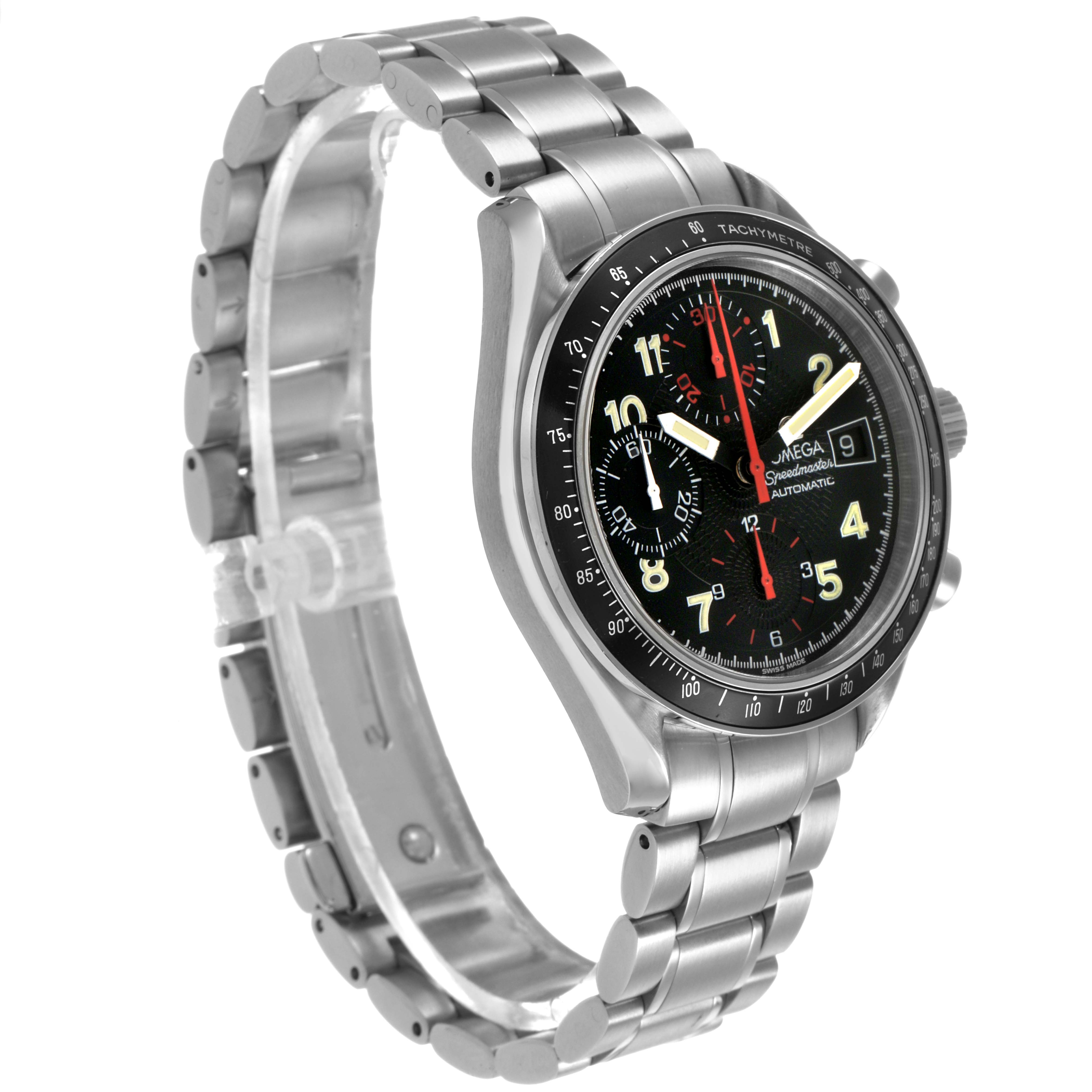 The Omega Speedmaster 3813.53.26 Men's Stainless Steel Black Dial watch is shown at a three-quarter angle, displaying the dial, bezel, and metal bracelet.