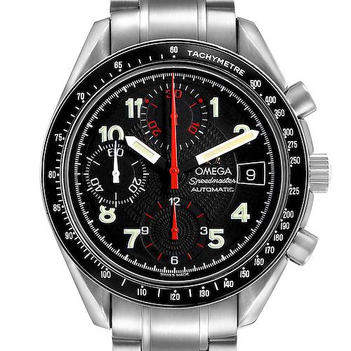 The Omega Speedmaster 3813.53.26 Men's Stainless Steel Black Dial watch is shown from the front, featuring its dial, bezel, and part of the bracelet.