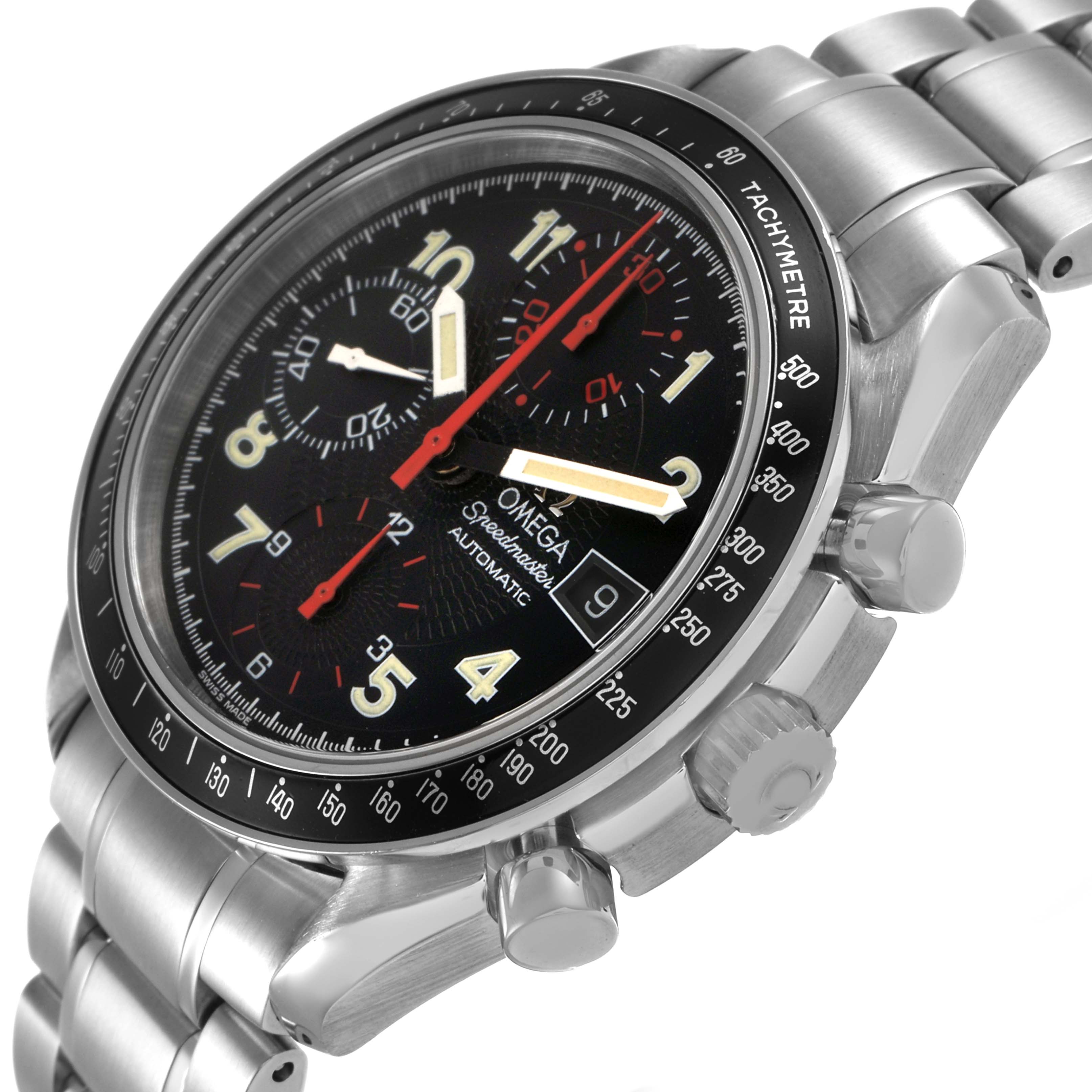 The Omega Speedmaster 3813.53.26 Men's Stainless Steel Black Dial watch is shown from a three-quarter angle highlighting its dial, bezel, crown, and bracelet.