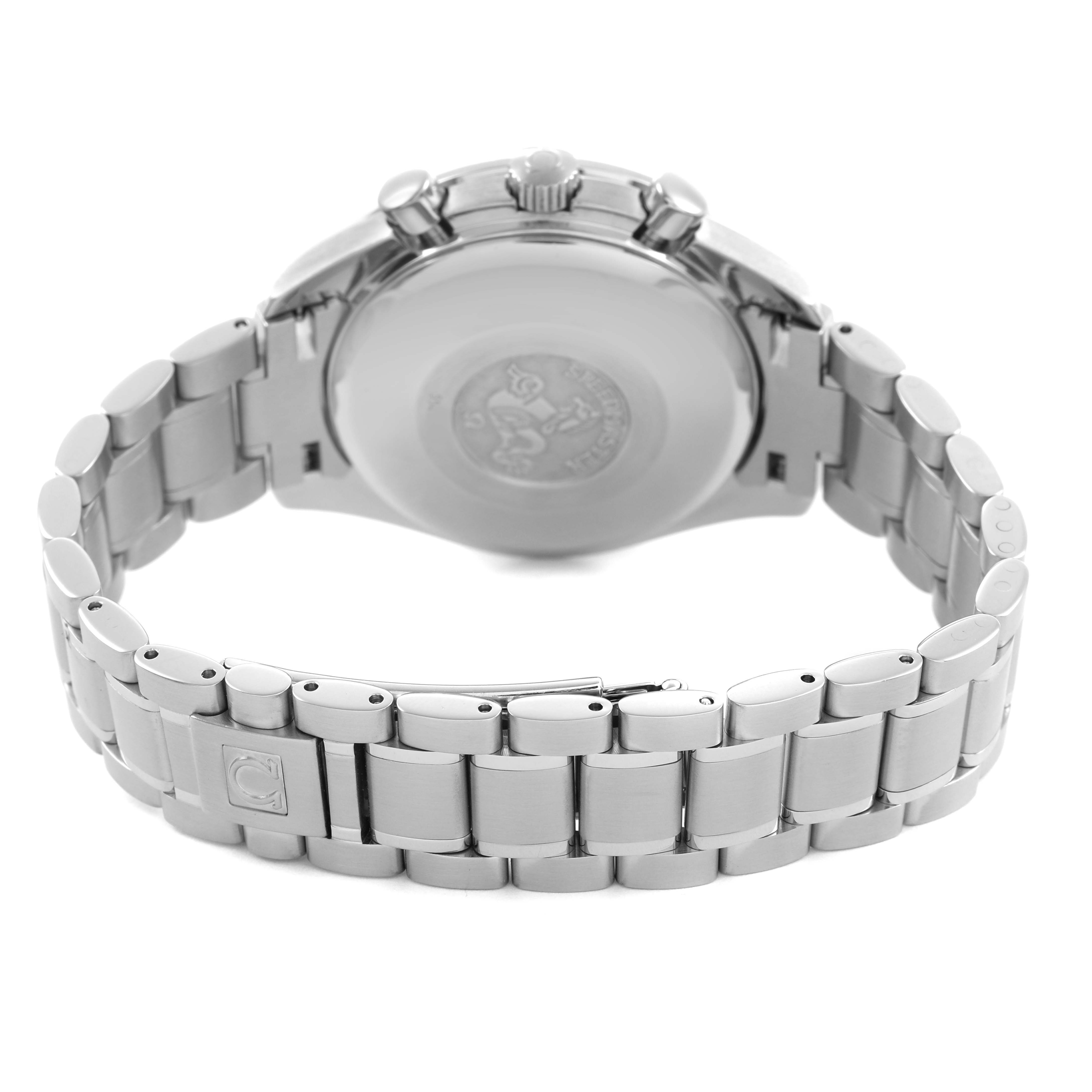 The Omega Speedmaster 3813.53.26 Men's Stainless Steel Black Dial watch is shown from the back, highlighting the case back and stainless steel bracelet.