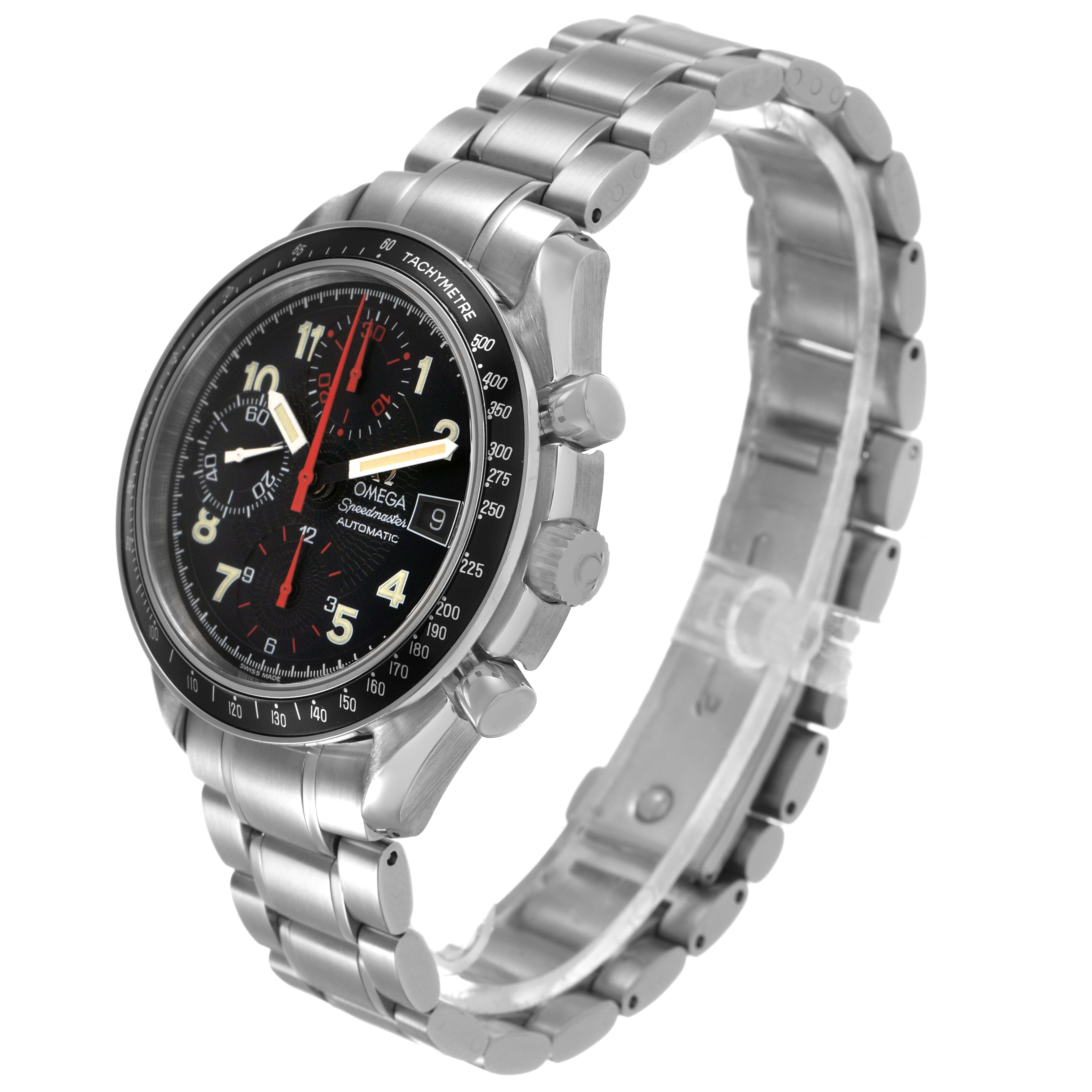 The Omega Speedmaster 3813.53.26 Men's Stainless Steel Black Dial watch is shown at a three-quarter angle, displaying the face, bezel, crown, pushers, and bracelet.