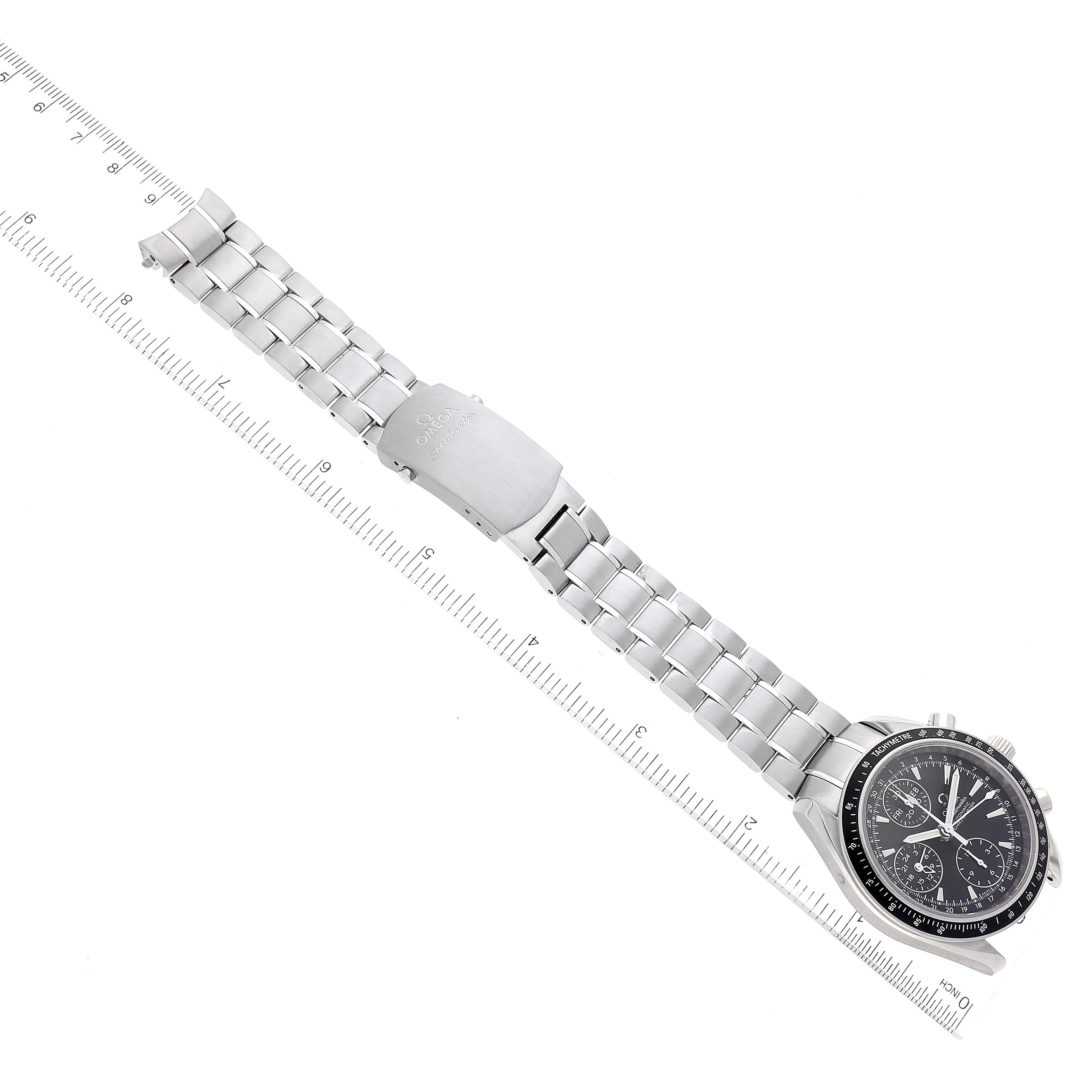 This image shows an Omega Speedmaster 3220.50.00 Men's Stainless Steel Black Dial 3220.50.00 Men's Stainless Steel Black Dial watch, showcasing the full bracelet, clasp, and watch face from a top-down angle.