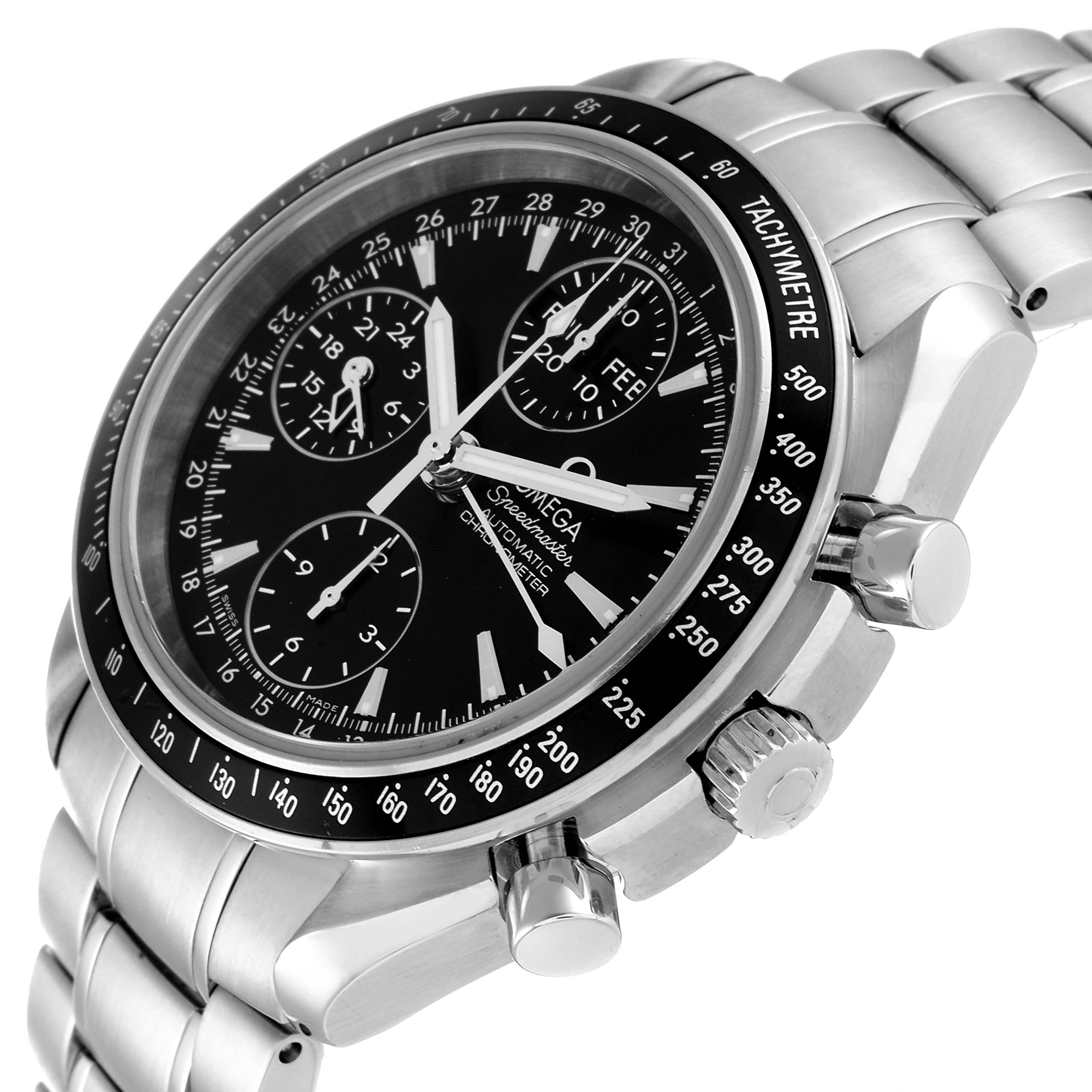 The Omega Speedmaster 3220.50.00 Men's Stainless Steel Black Dial 3220.50.00 Men's Stainless Steel Black Dial watch is shown at an oblique angle highlighting its black dial, chronograph subdials, and tachymetre bezel.