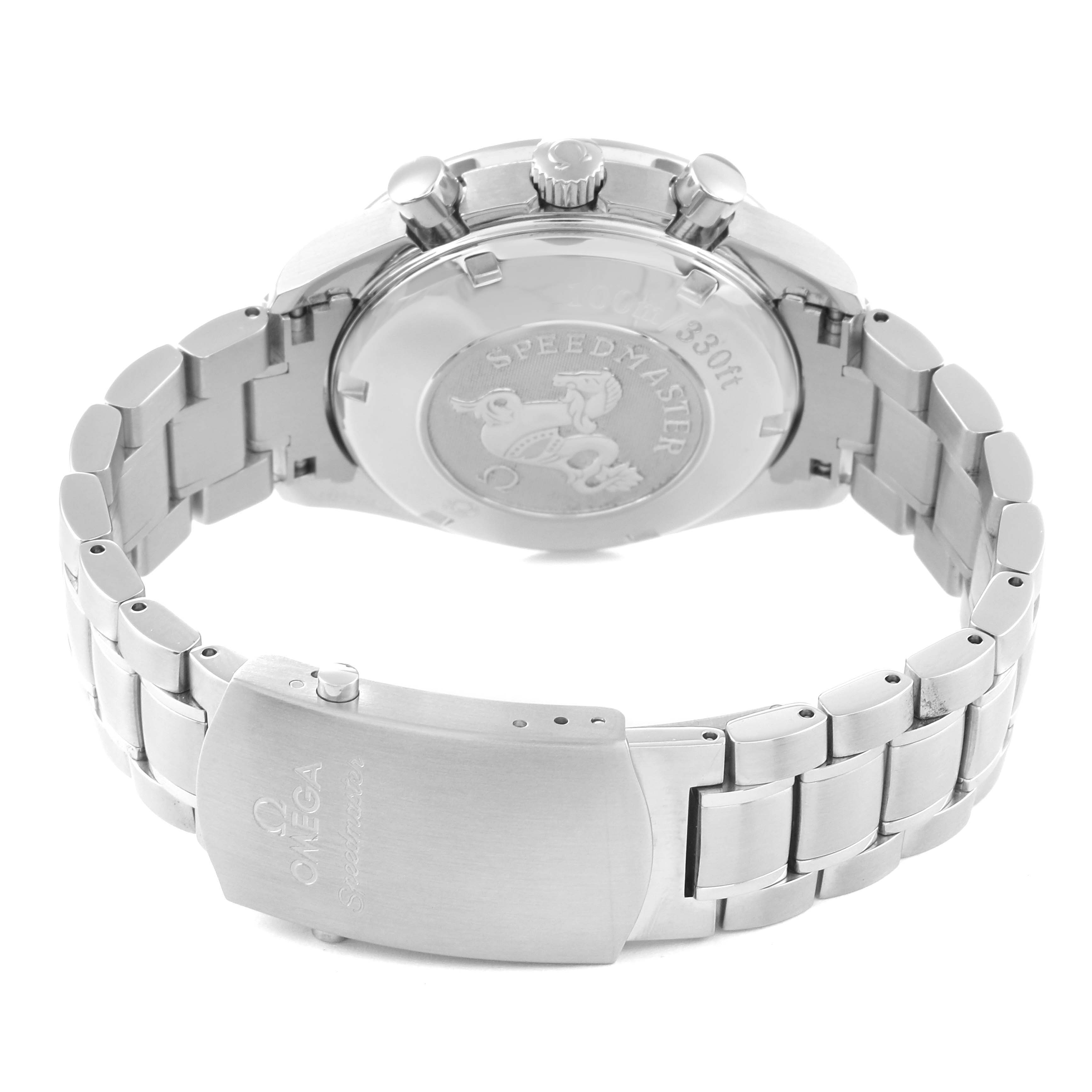 This image shows the clasp, bracelet, and case back of an Omega Speedmaster 3220.50.00 Men's Stainless Steel Black Dial 3220.50.00 Men's Stainless Steel Black Dial watch.