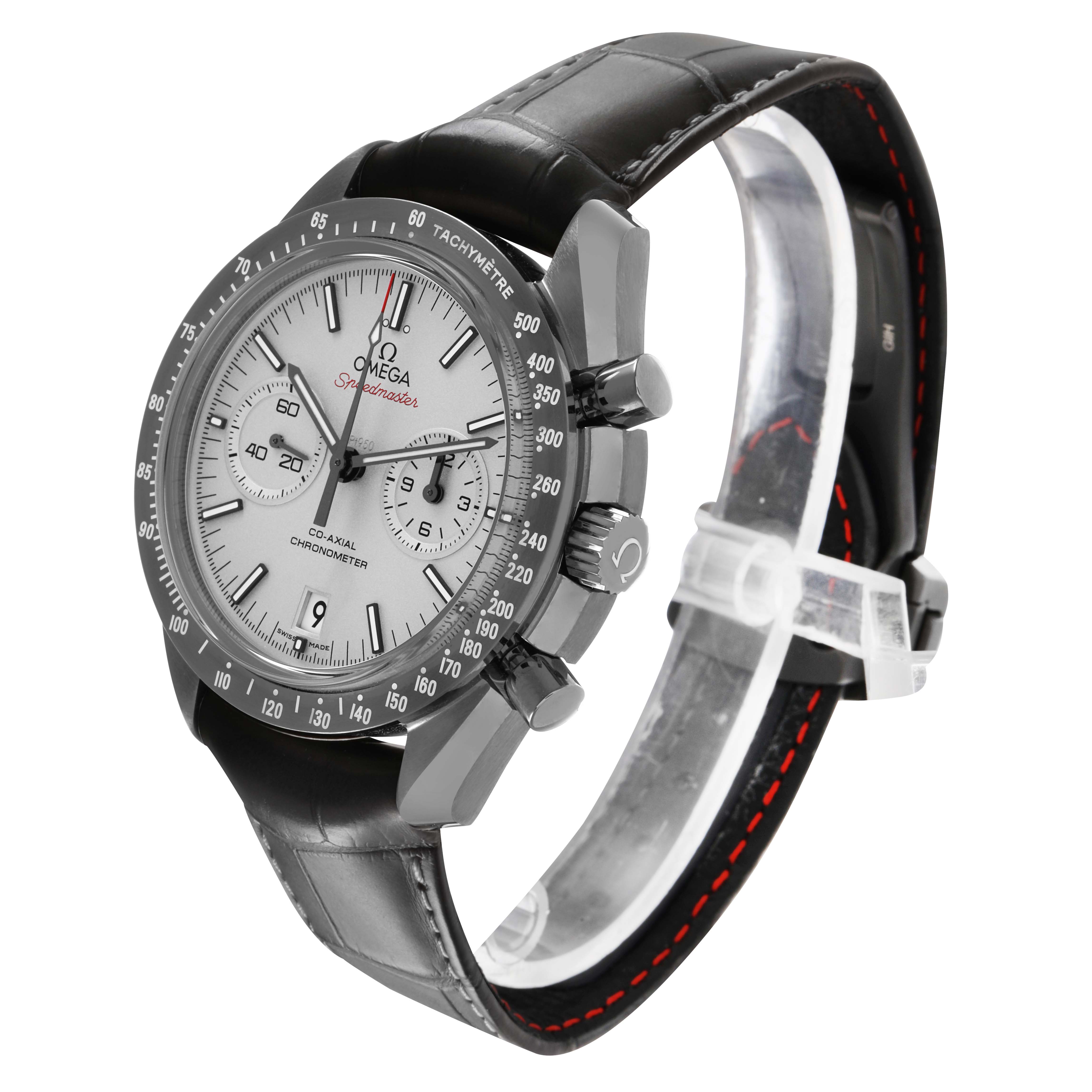 The Omega Speedmaster 311.93.44.51.99.002 Men's Ceramic Silver Dial watch is shown at a three-quarter angle, highlighting the case, dial, and leather strap.