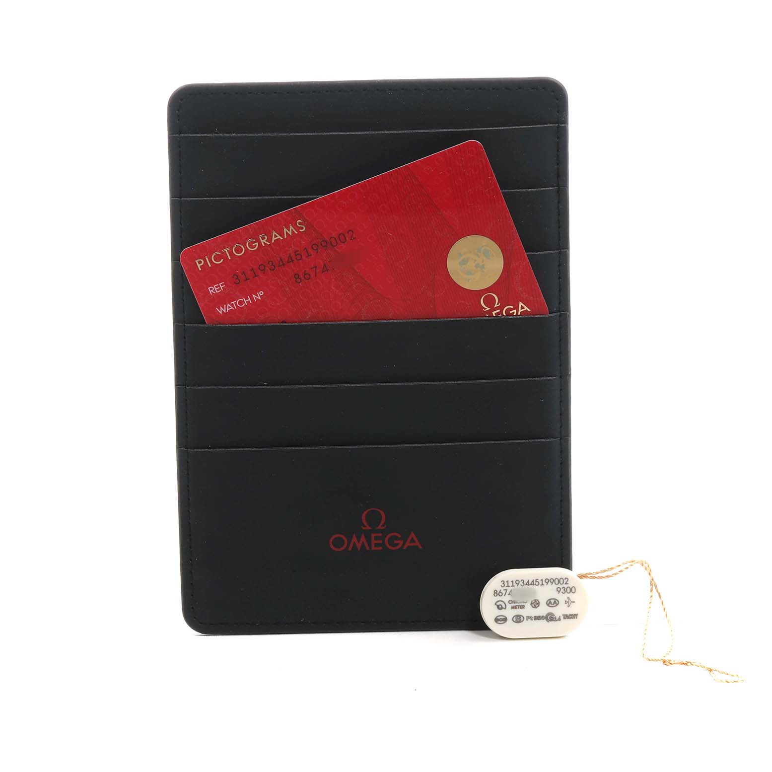 The image features an Omega Speedmaster 311.93.44.51.99.002 Men's Ceramic Silver Dial cardholder with a red pictogram card and a small tag attached by a string.