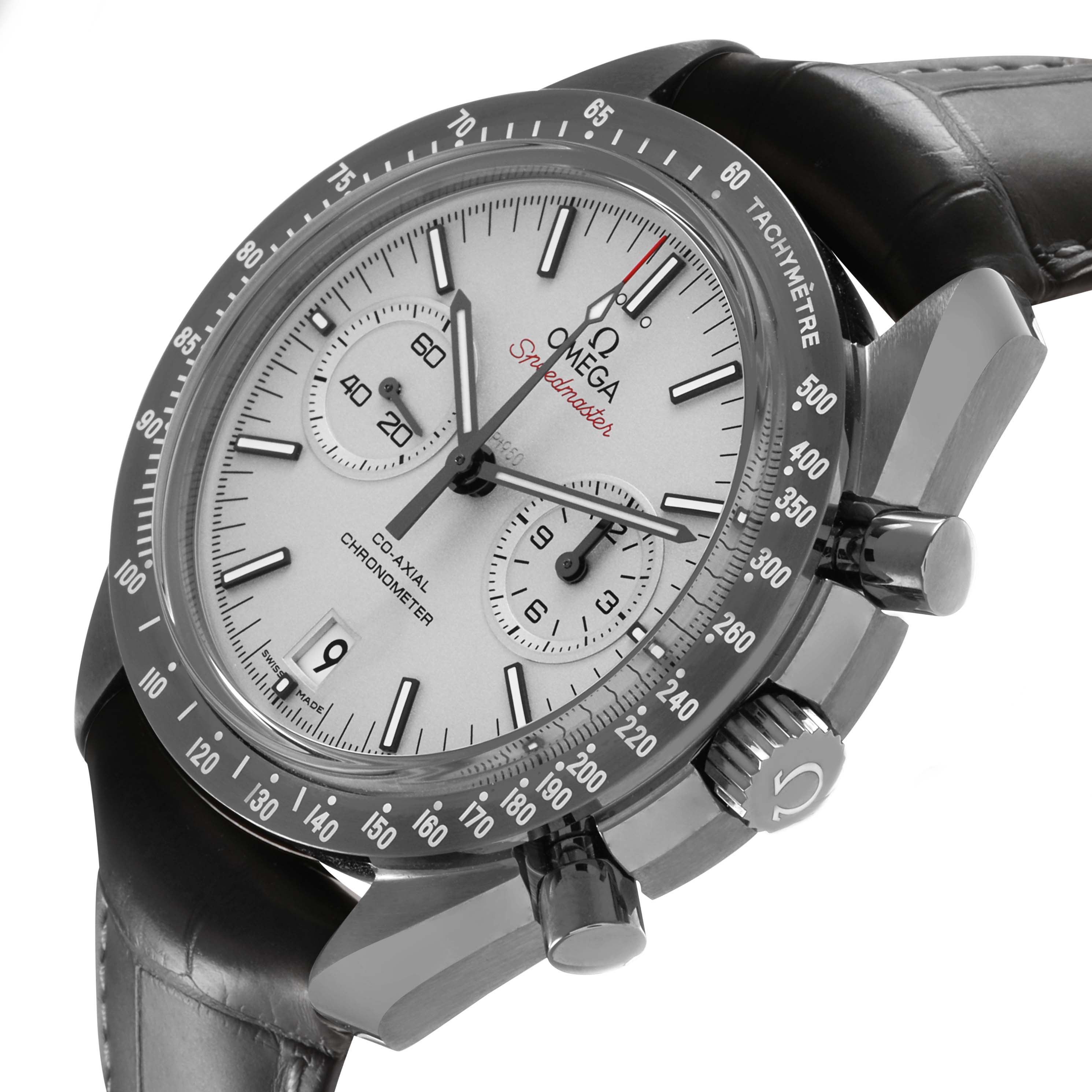 The Omega Speedmaster 311.93.44.51.99.002 Men's Ceramic Silver Dial watch is shown from a side angle, displaying the face, bezel, crown, and pushers.
