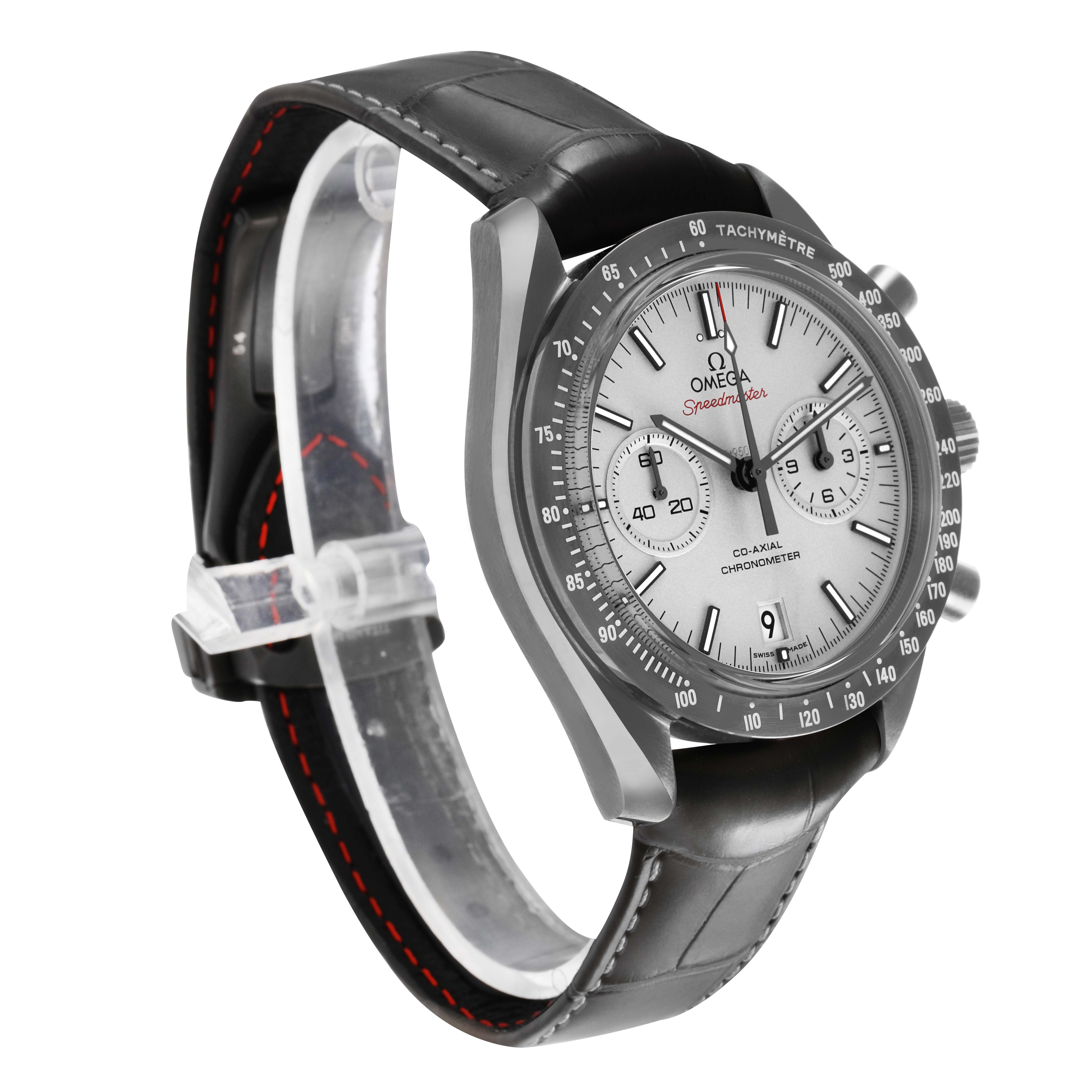 The Omega Speedmaster 311.93.44.51.99.002 Men's Ceramic Silver Dial watch is shown from a 3/4 front angle, highlighting the face, bezel, and leather strap.