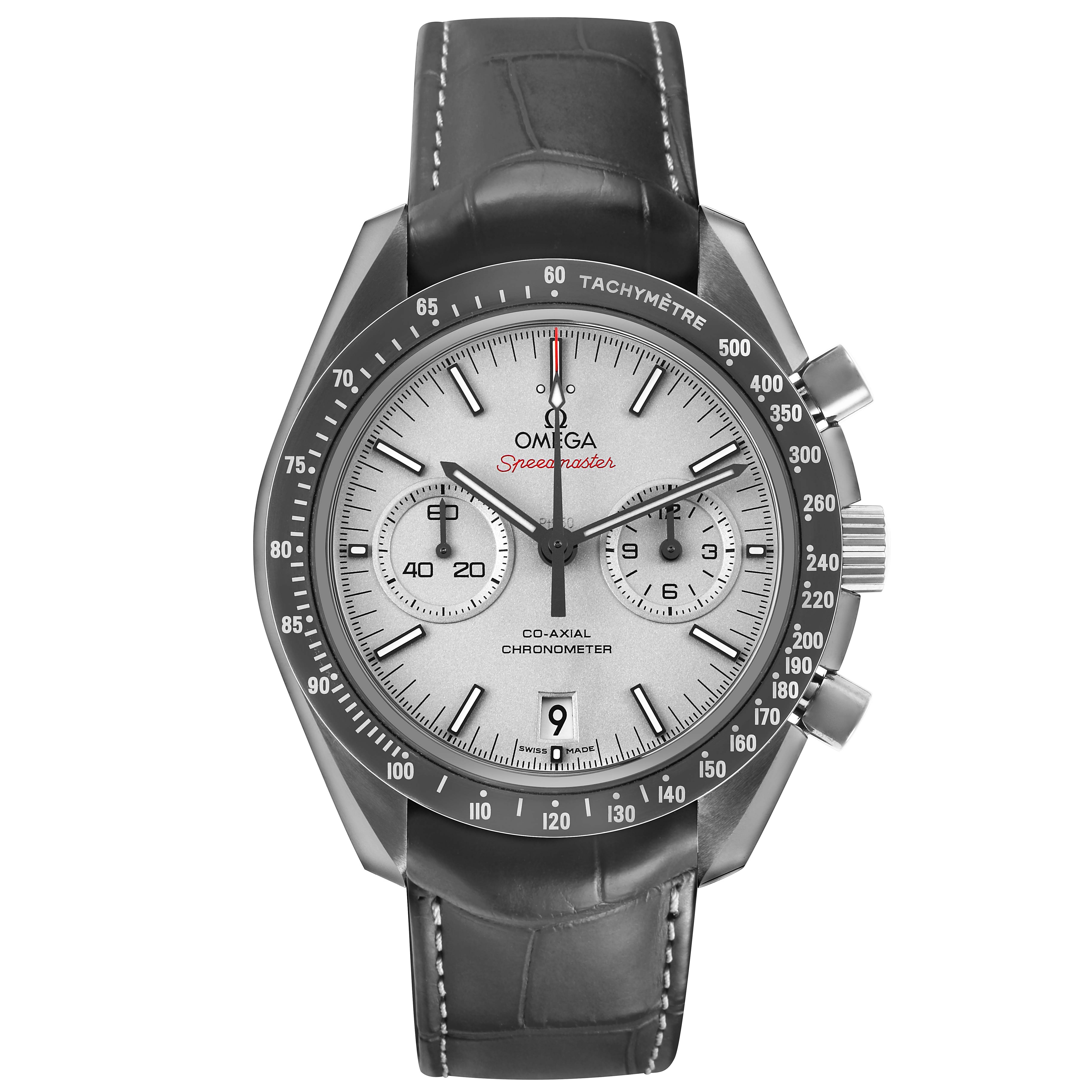 The Omega Speedmaster 311.93.44.51.99.002 Men's Ceramic Silver Dial watch is shown from the front, highlighting the dial, bezel, pushers, and leather strap.