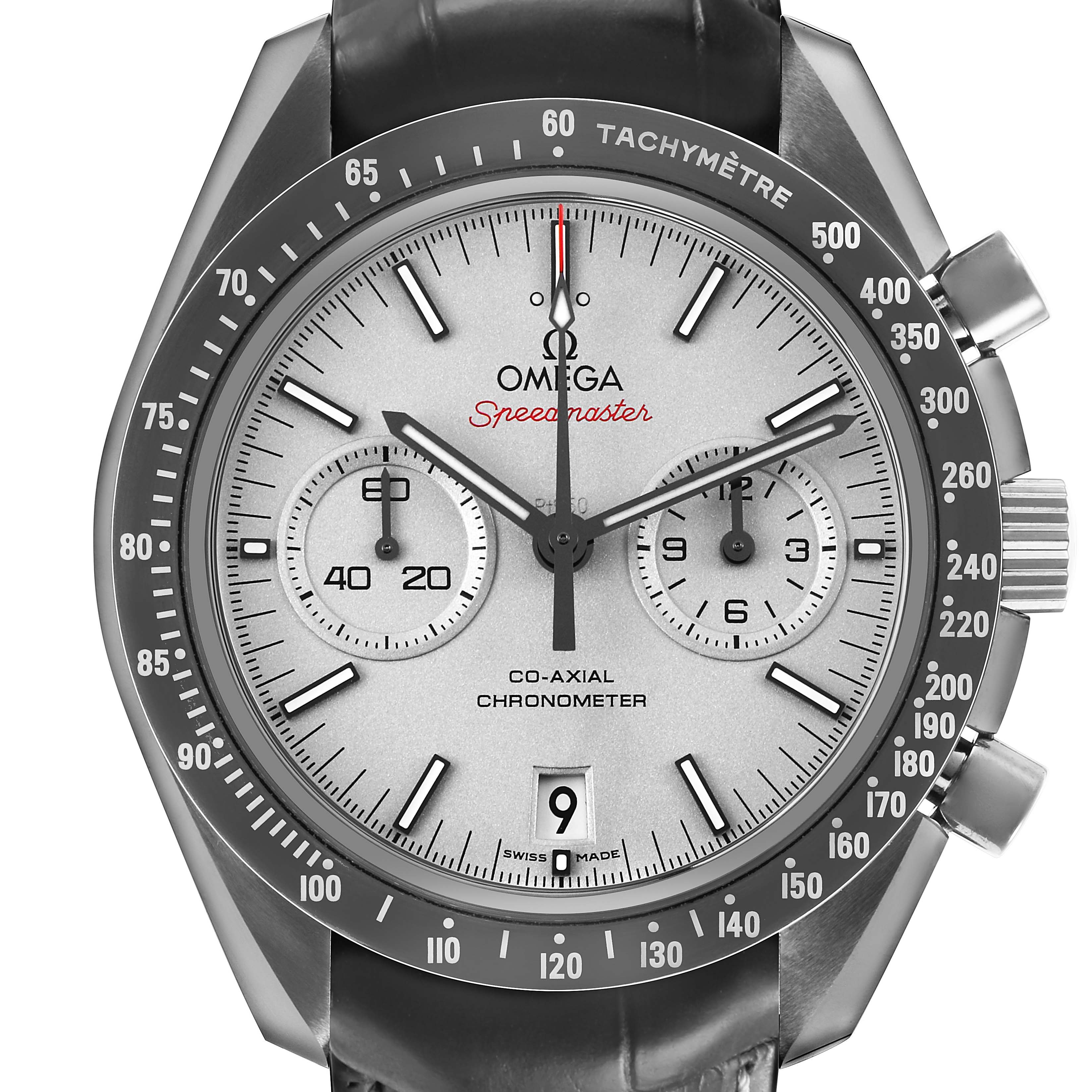 The Omega Speedmaster 311.93.44.51.99.002 Men's Ceramic Silver Dial model is shown from the front, displaying the dial, bezel, subdials, and crown.