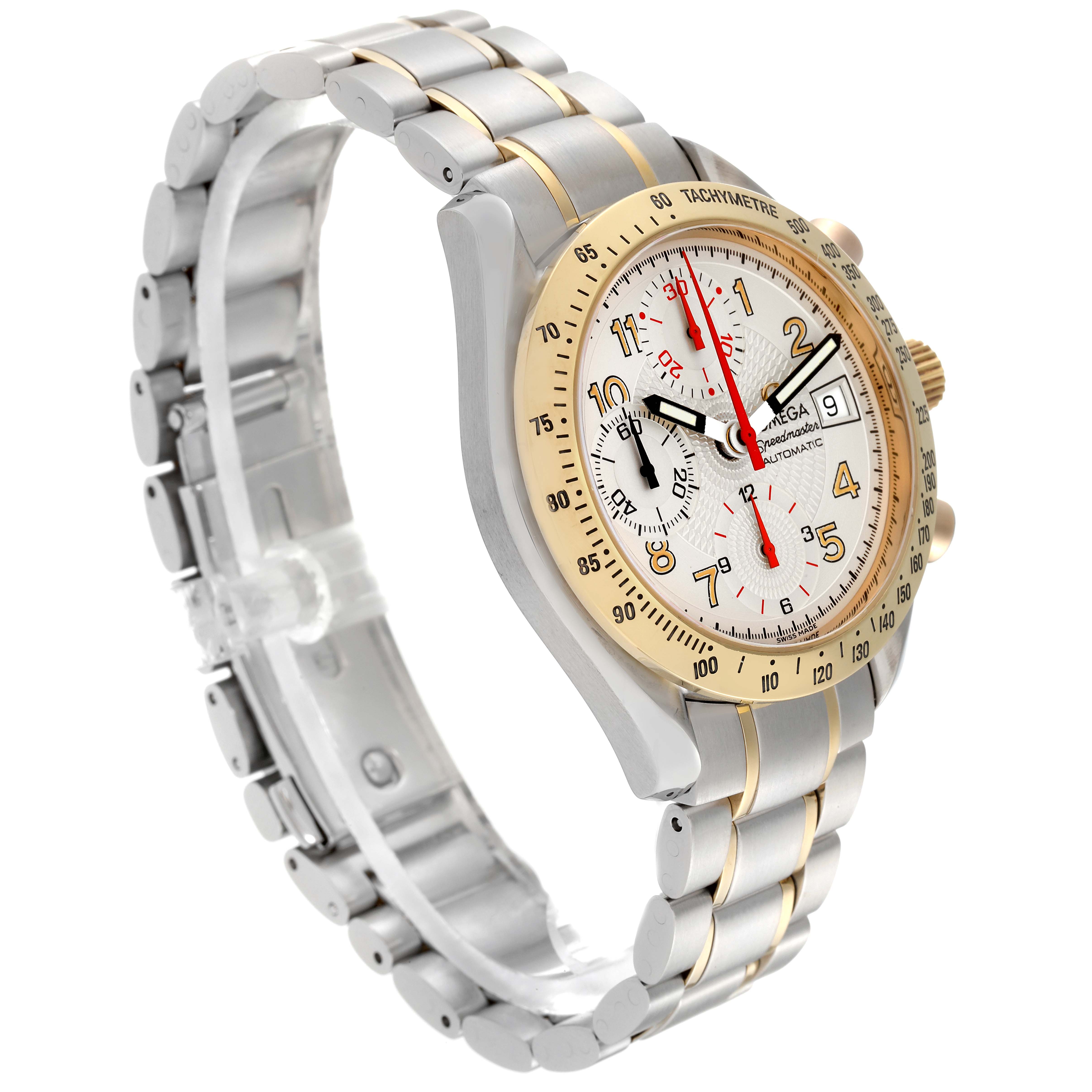 The Omega Speedmaster 3313.33.00 Men's Steel and Gold (two tone) White Dial 3313.33.00 Men's Steel and Gold (two tone) White Dial watch is shown at a slight angle, displaying the face, bezel, crown, and bracelet.