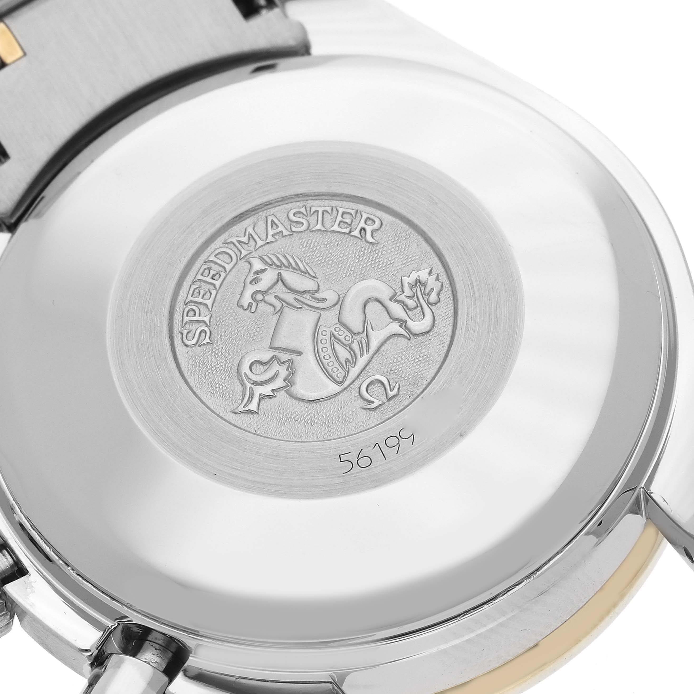 This image shows the back case of the Omega Speedmaster 3313.33.00 Men's Steel and Gold (two tone) White Dial 3313.33.00 Men's Steel and Gold (two tone) White Dial watch, featuring the engraved logo and model number.