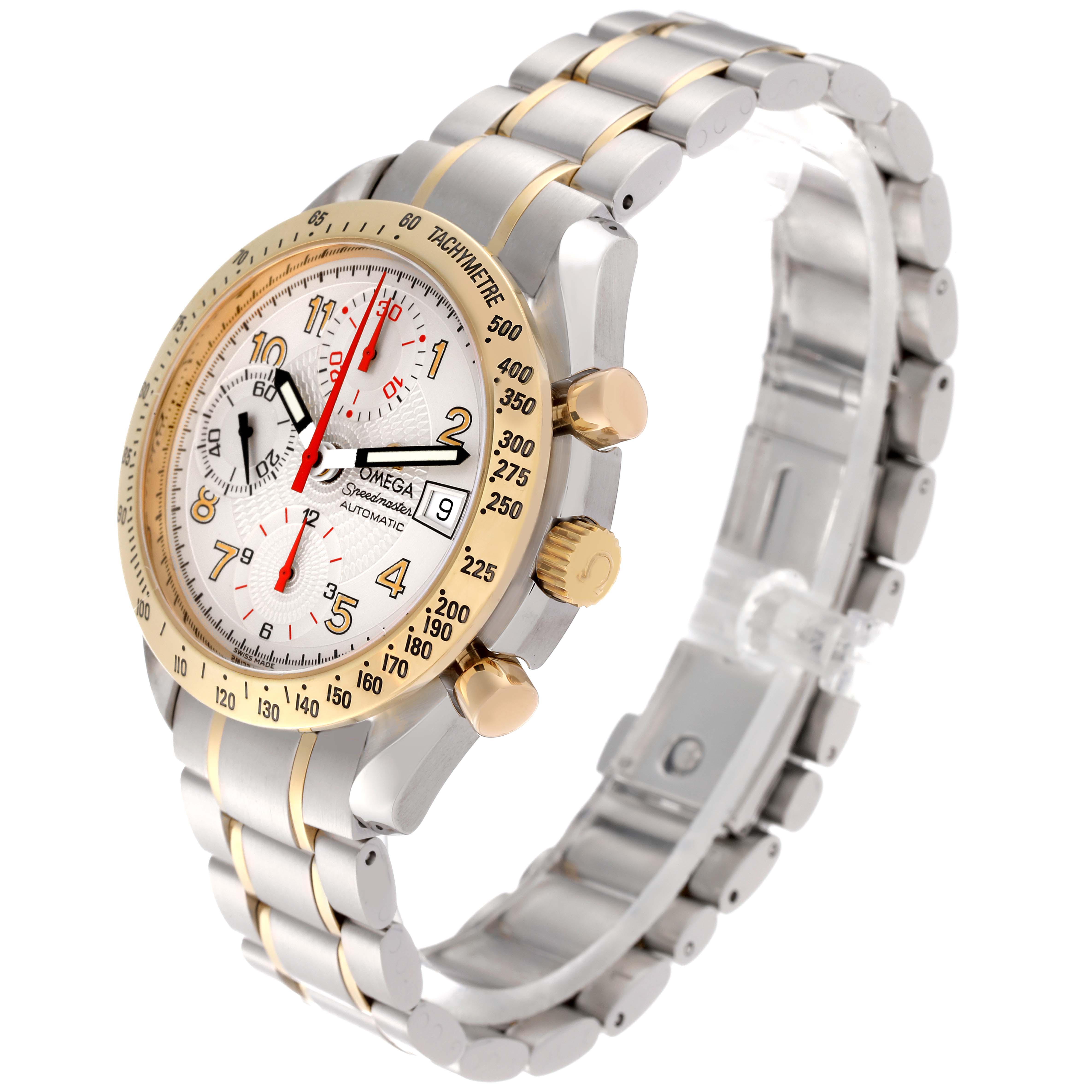 The image shows an angled side view of the Omega Speedmaster 3313.33.00 Men's Steel and Gold (two tone) White Dial 3313.33.00 Men's Steel and Gold (two tone) White Dial watch highlighting the face, bezel, crown, and bracelet.
