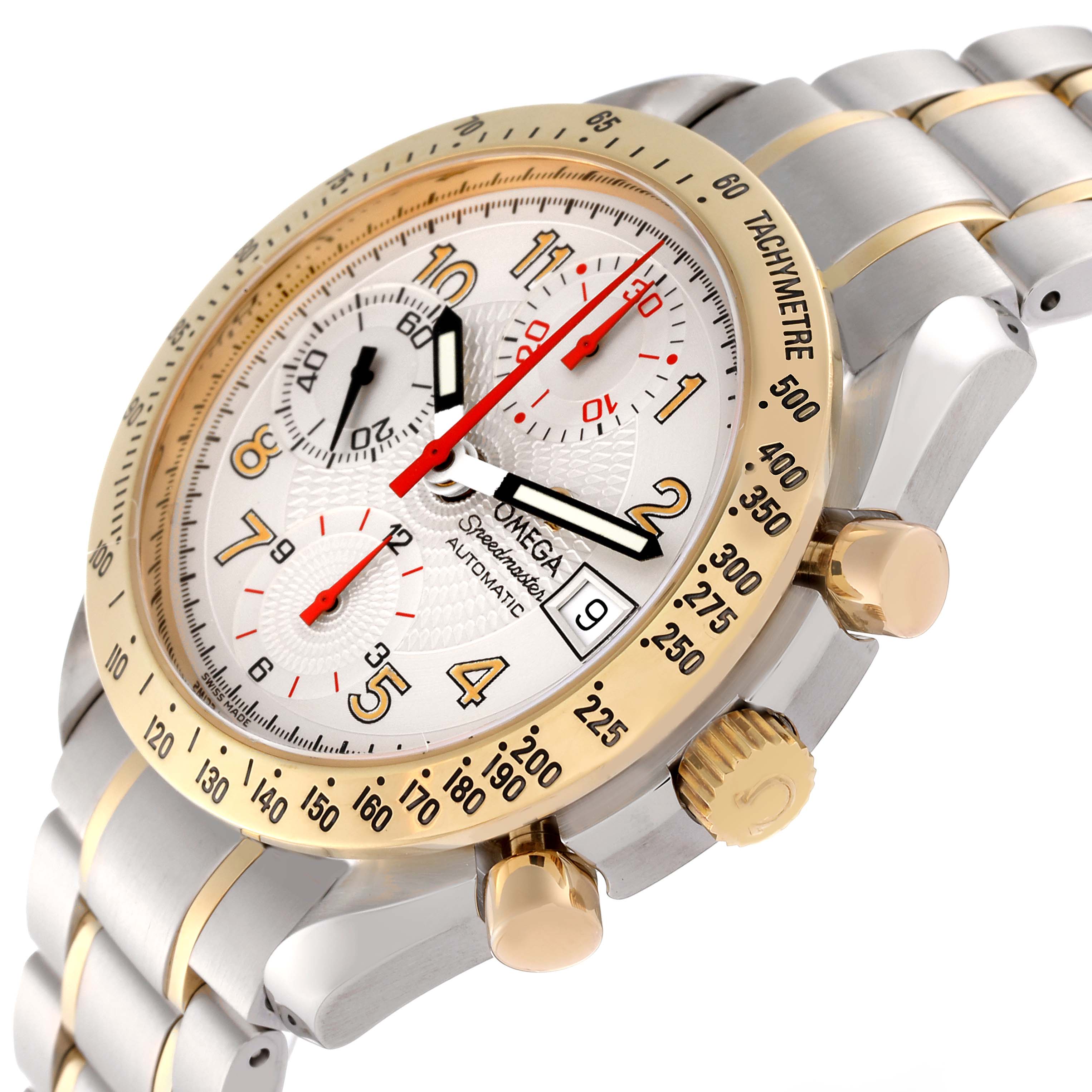 The Omega Speedmaster 3313.33.00 Men's Steel and Gold (two tone) White Dial 3313.33.00 Men's Steel and Gold (two tone) White Dial watch is shown at an angle highlighting the dial, bezels, pushers, and part of the bracelet.