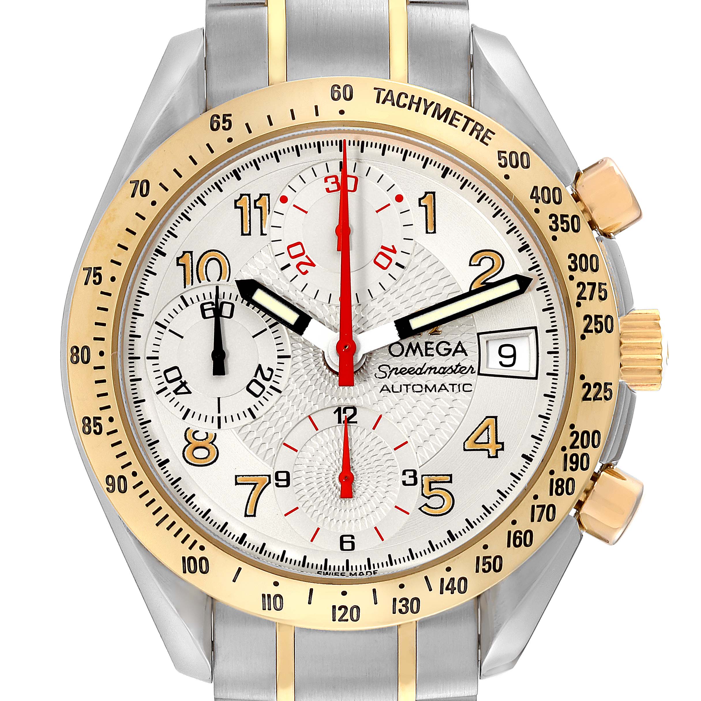 This image shows a direct front view of an Omega Speedmaster 3313.33.00 Men's Steel and Gold (two tone) White Dial 3313.33.00 Men's Steel and Gold (two tone) White Dial watch, highlighting its dial, bezel, subdials, and crown.