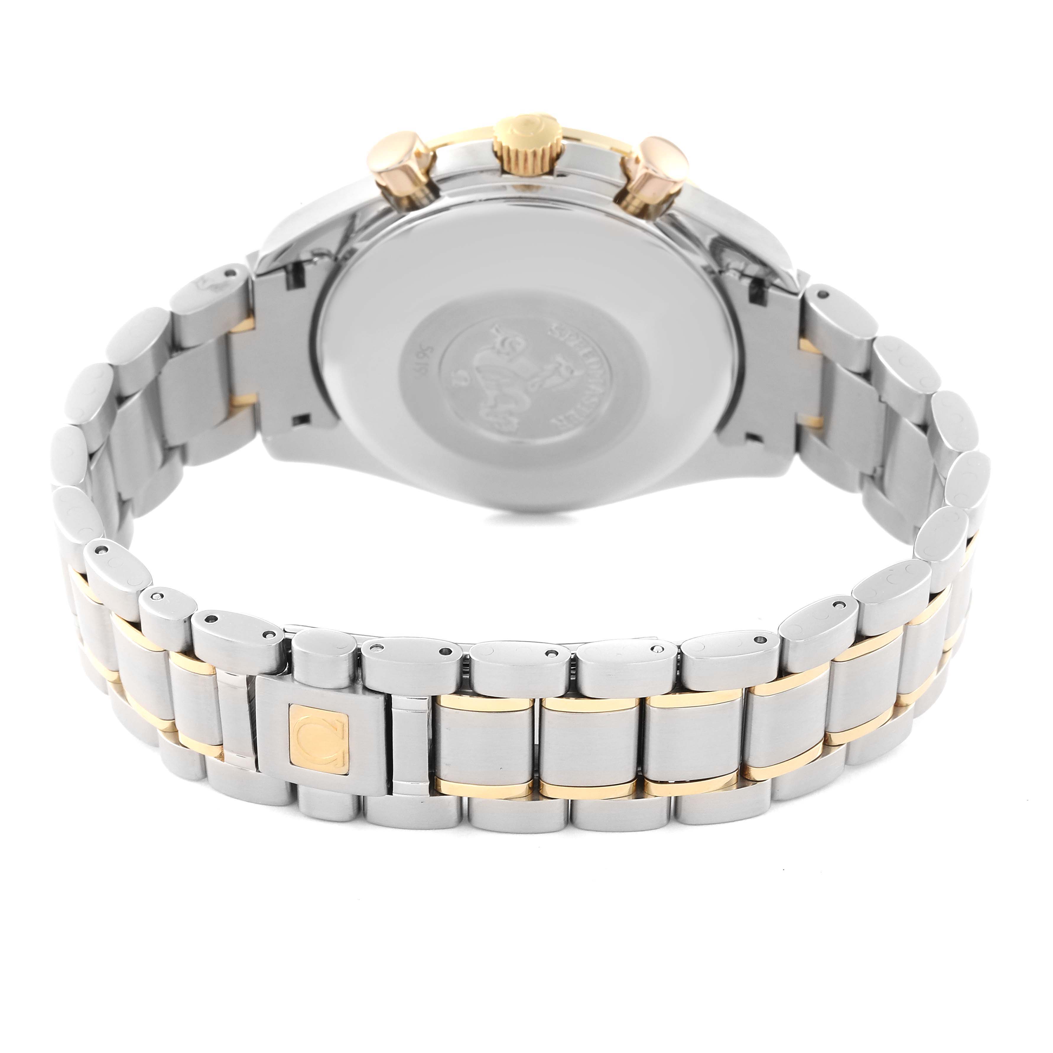 The image shows the back case and bracelet of the Omega Speedmaster 3313.33.00 Men's Steel and Gold (two tone) White Dial 3313.33.00 Men's Steel and Gold (two tone) White Dial watch at an angled rear view.