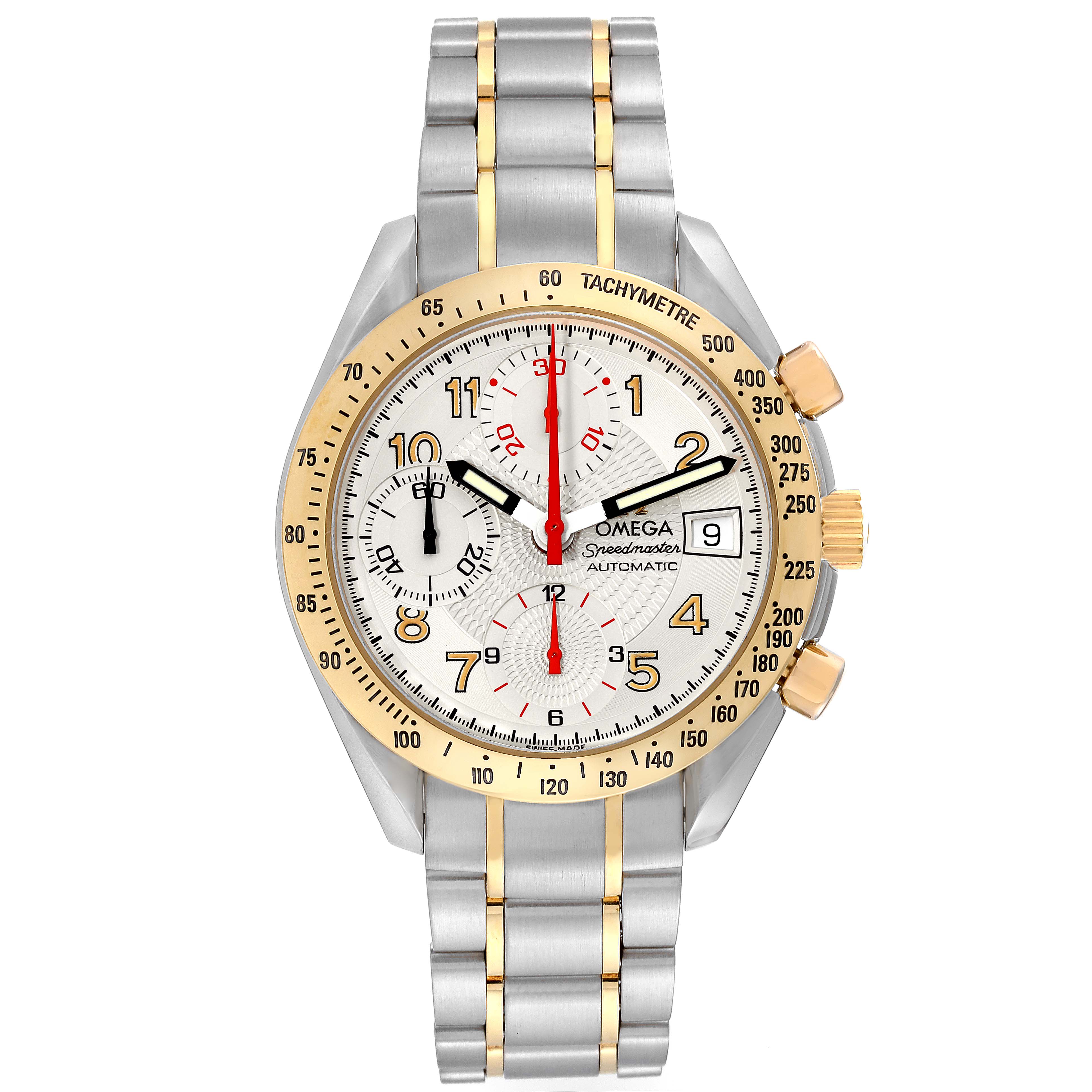 The image shows a front-view angle of an Omega Speedmaster 3313.33.00 Men's Steel and Gold (two tone) White Dial 3313.33.00 Men's Steel and Gold (two tone) White Dial watch, highlighting its dial, bezel, and metal bracelet.