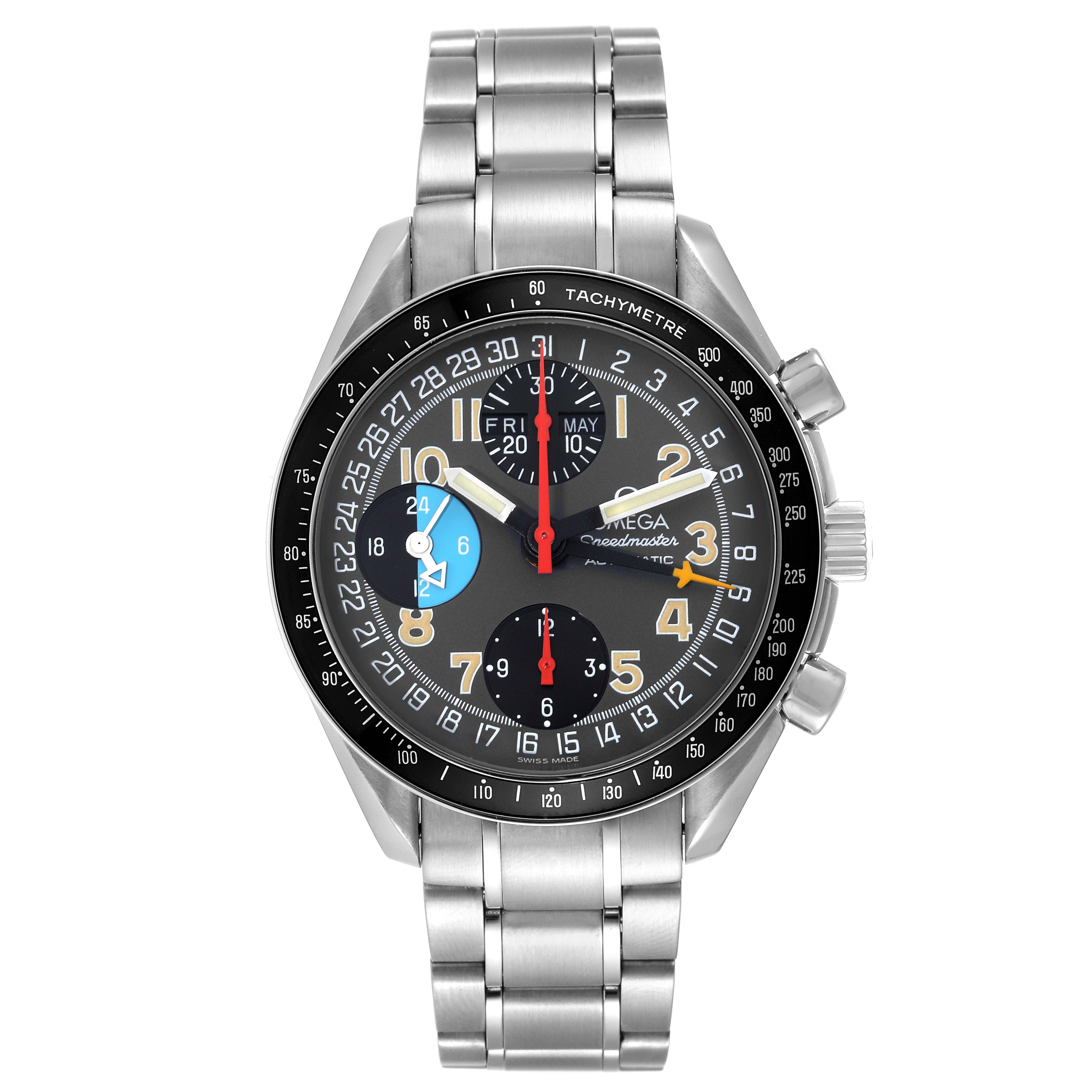 The Omega Speedmaster 3520.53.00 Men's Stainless Steel Grey Dial 3520.53.00 Men's Stainless Steel Grey Dial watch is shown from a front angle, highlighting its face, bezel, and metal bracelet.