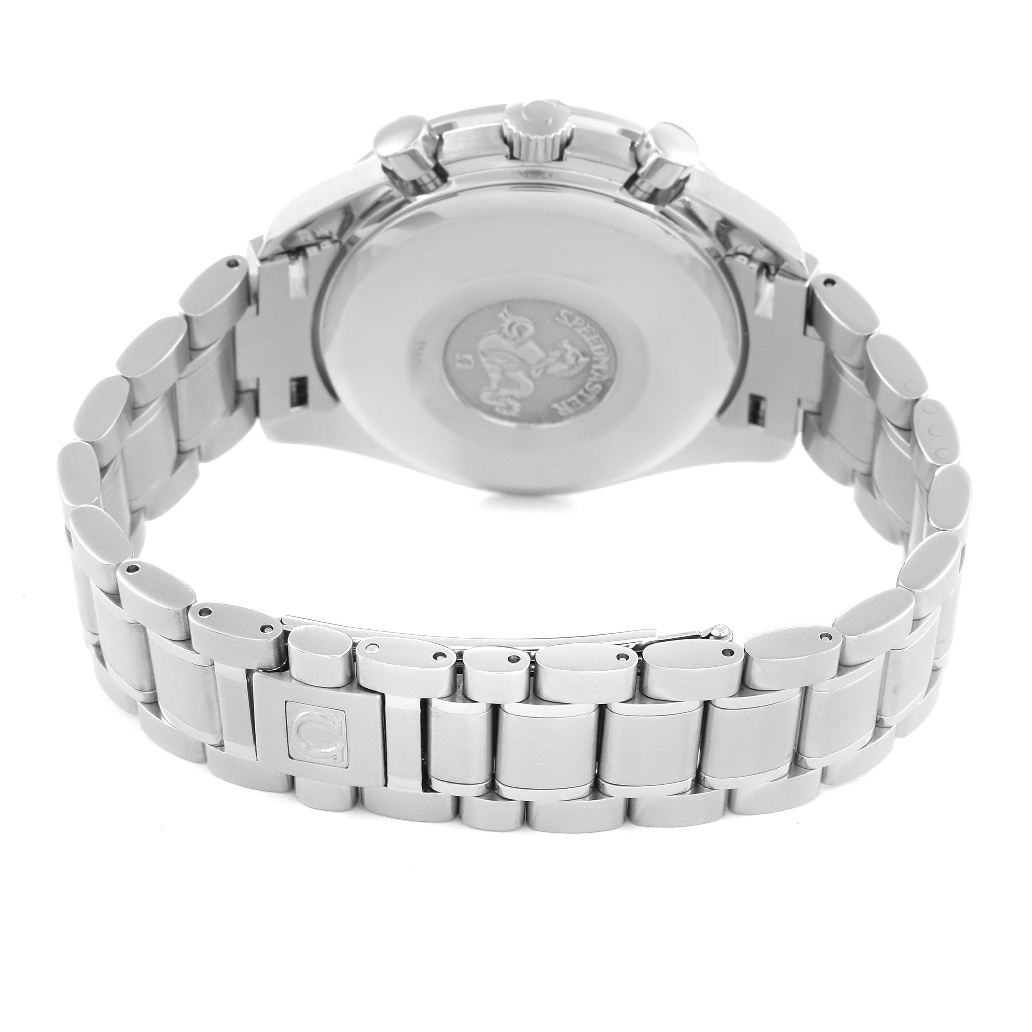 This Omega Speedmaster 3520.53.00 Men's Stainless Steel Grey Dial 3520.53.00 Men's Stainless Steel Grey Dial watch is shown from the back, displaying the clasp, bracelet, and case back.