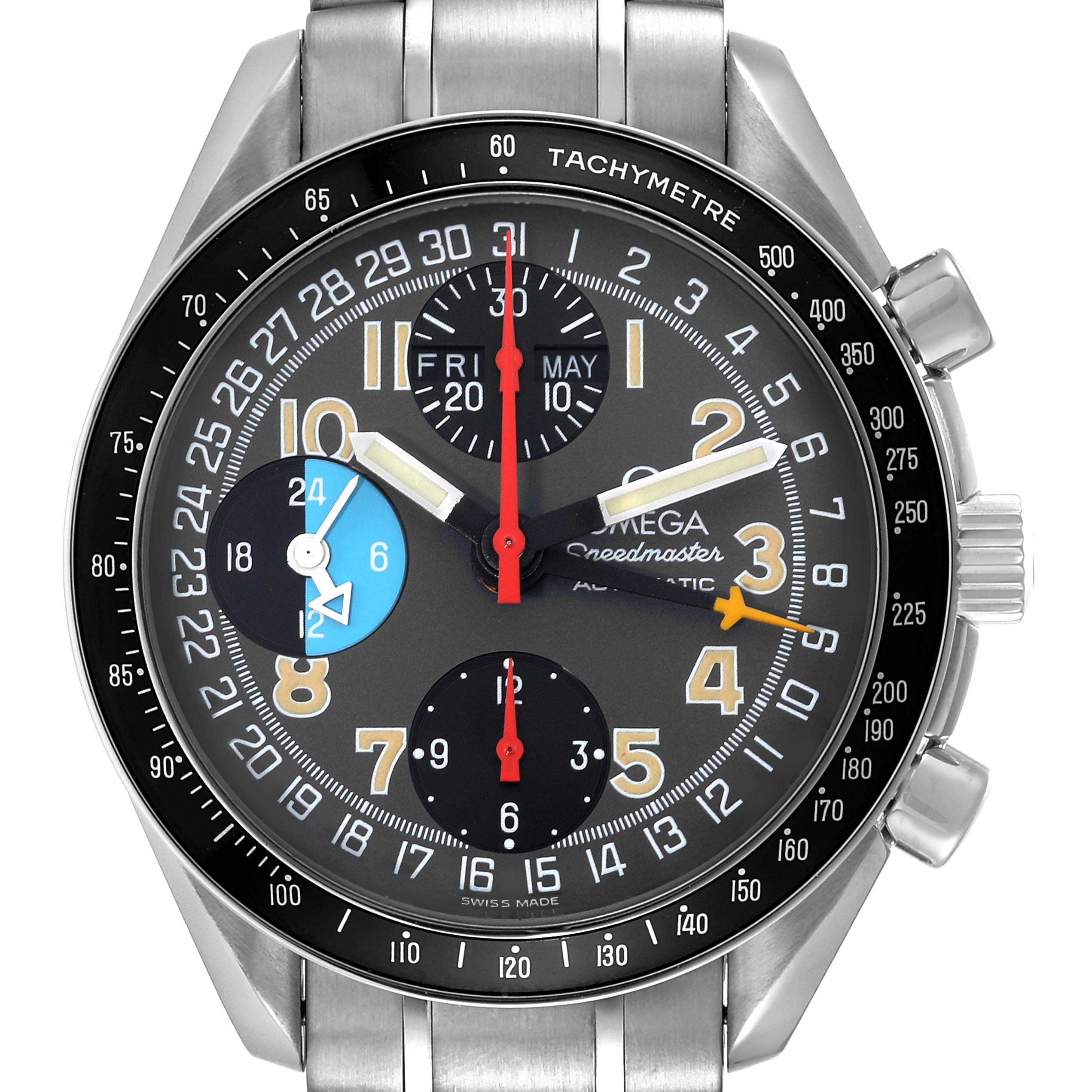 This image shows a frontal view of an Omega Speedmaster 3520.53.00 Men's Stainless Steel Grey Dial 3520.53.00 Men's Stainless Steel Grey Dial watch, displaying its dial, subdials, and tachymeter bezel.