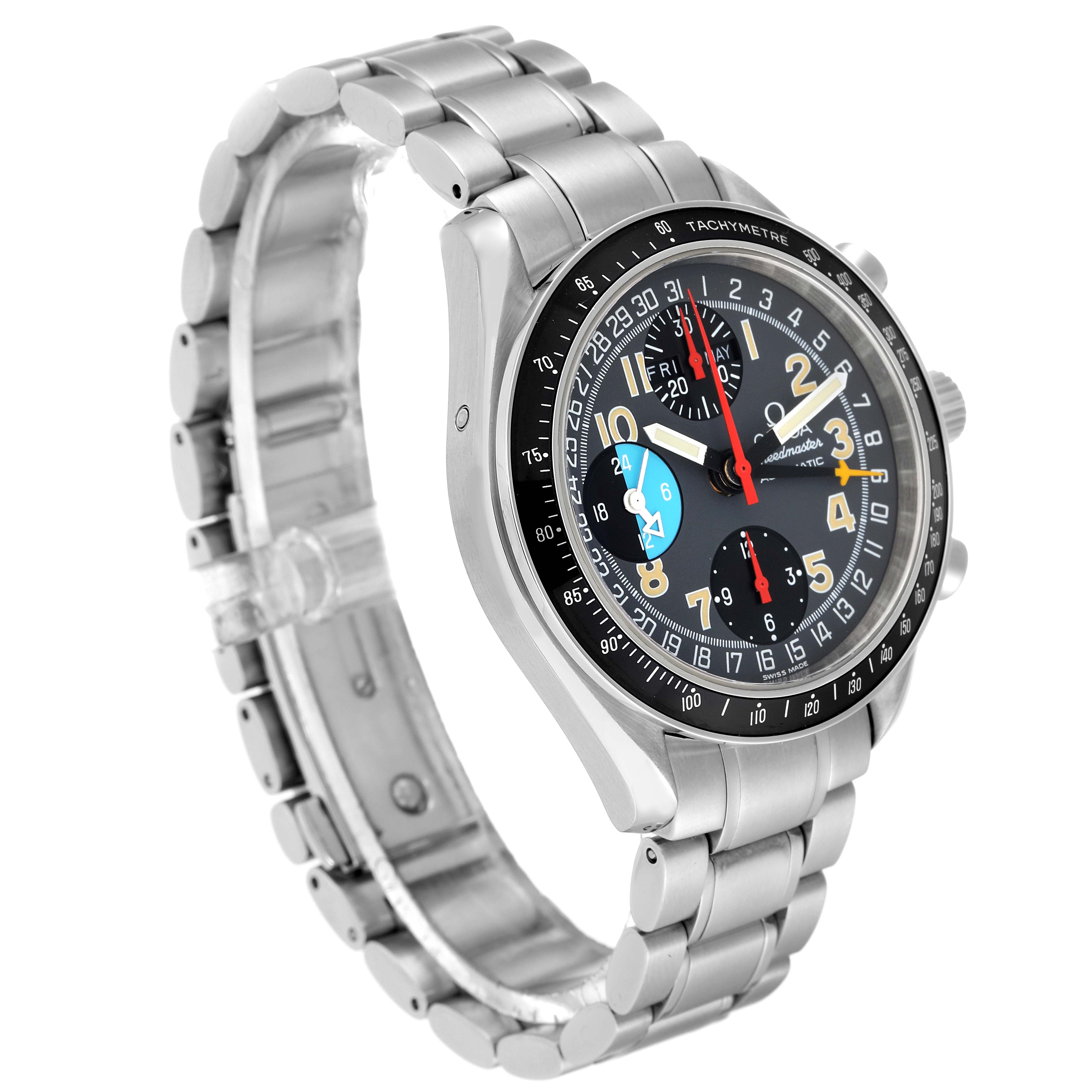 The image shows a side-angle view of the Omega Speedmaster 3520.53.00 Men's Stainless Steel Grey Dial 3520.53.00 Men's Stainless Steel Grey Dial watch, highlighting its dial, bezel, and metal bracelet.