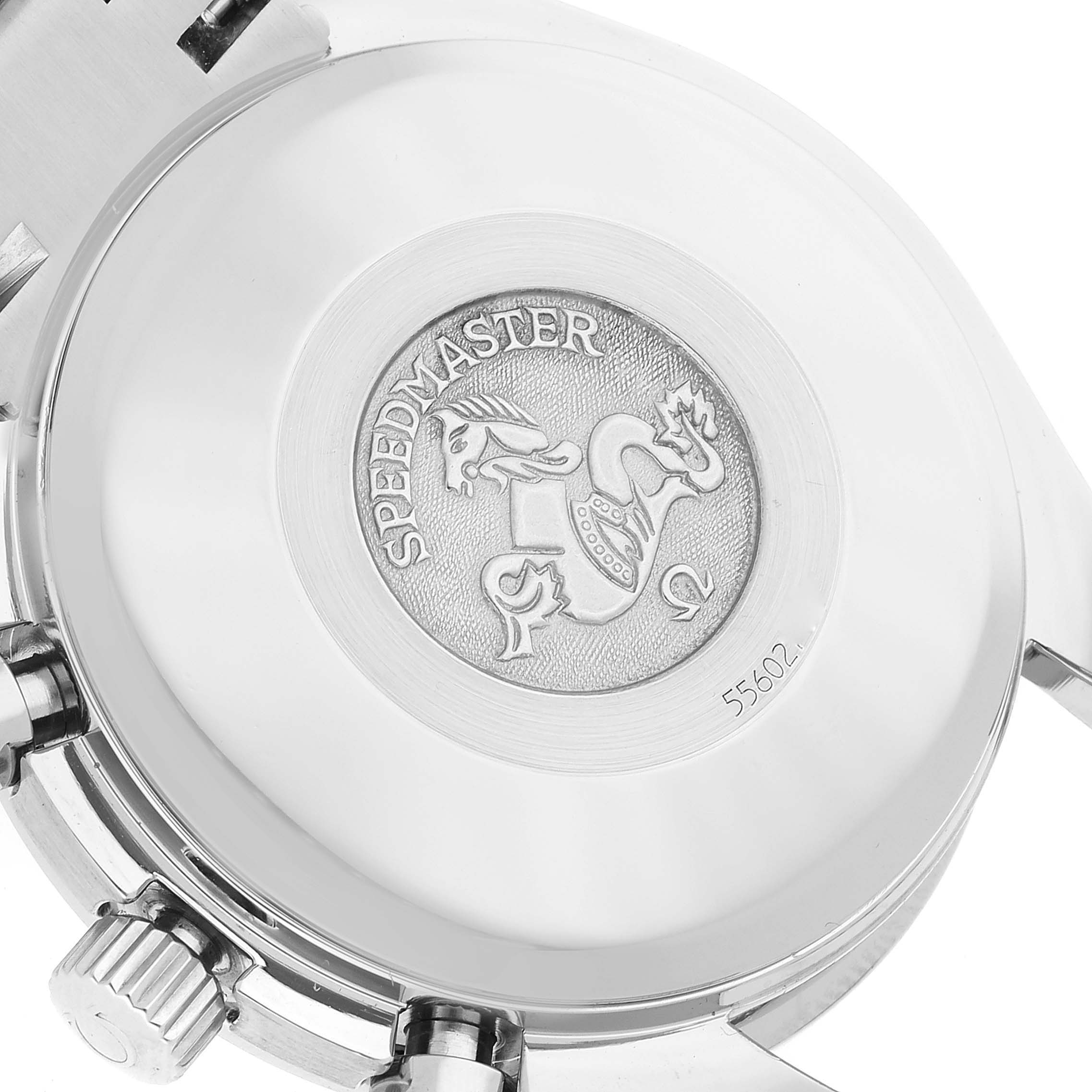 This image shows the case back of an Omega Speedmaster 3520.53.00 Men's Stainless Steel Grey Dial 3520.53.00 Men's Stainless Steel Grey Dial watch, including the emblem and serial number.