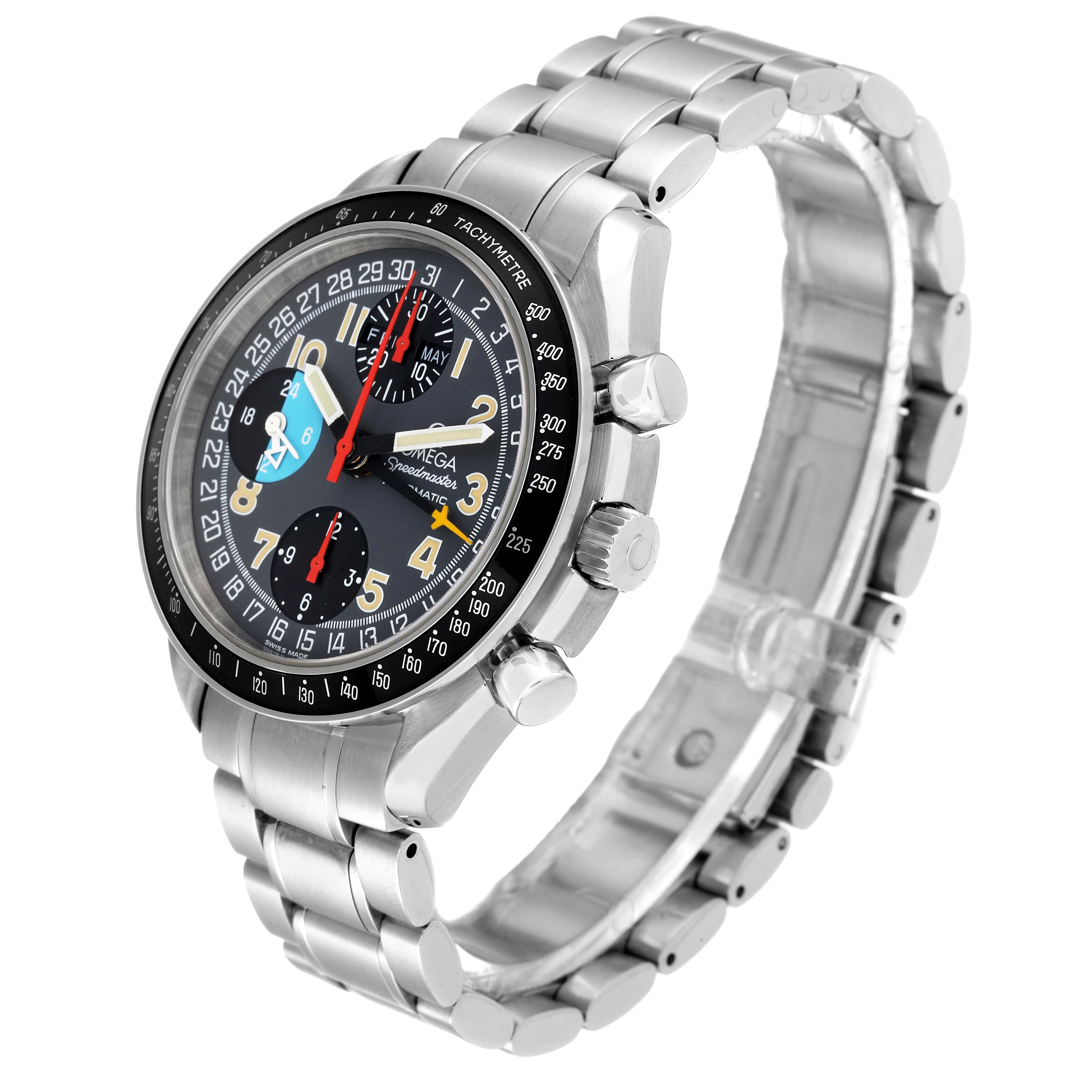 The Omega Speedmaster 3520.53.00 Men's Stainless Steel Grey Dial 3520.53.00 Men's Stainless Steel Grey Dial watch is shown at a three-quarter angle, featuring its face, bezel, pushers, and bracelet.