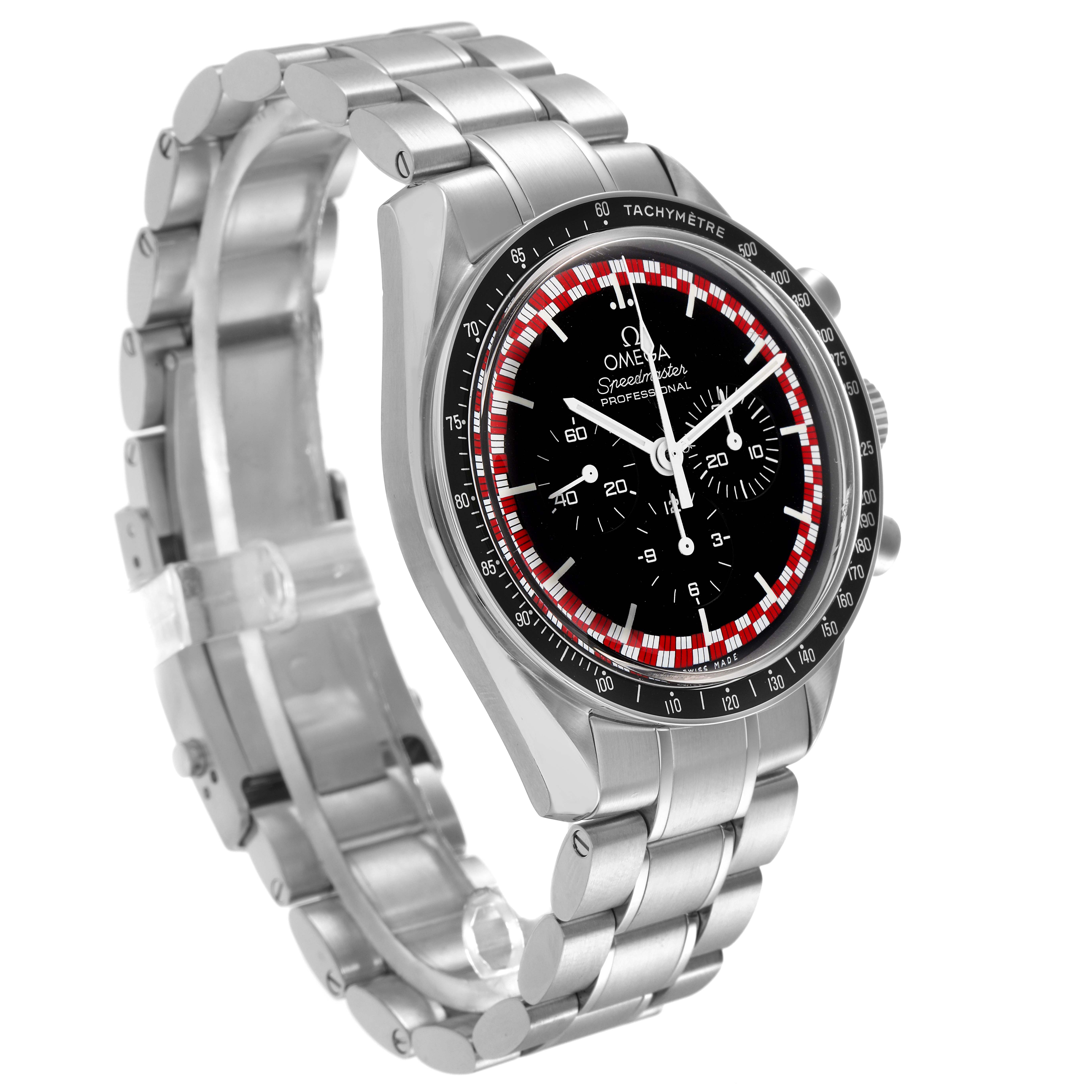 The image shows an Omega Speedmaster 311.30.42.30.01.004 Men
s Stainless Steel Black Dial 311.30.42.30.01.004 Men
s Stainless Steel Black Dial watch at a side angle, highlighting the face, tachymeter bezel, and metal bracelet.