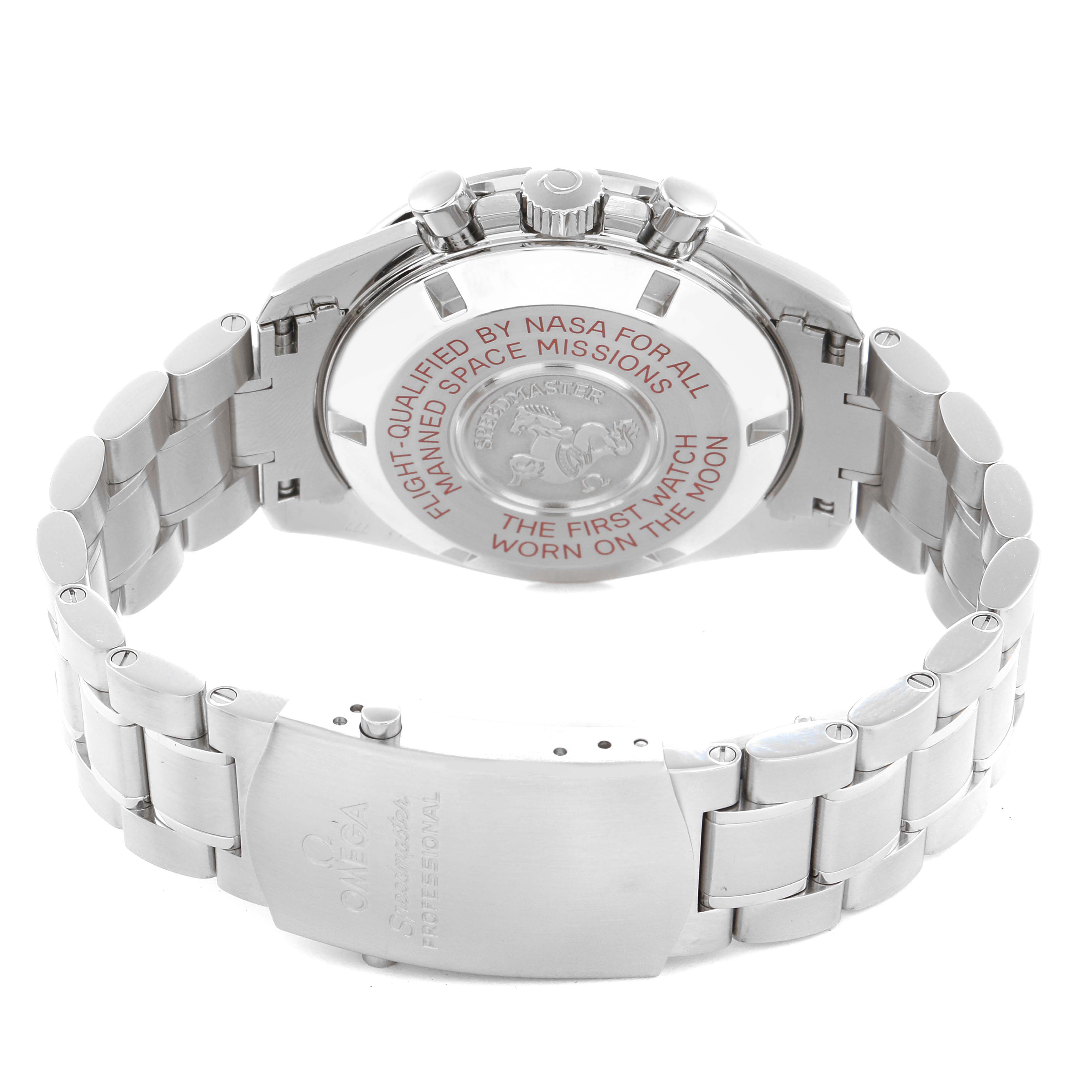 The image shows the back case and bracelet of an Omega Speedmaster 311.30.42.30.01.004 Men
s Stainless Steel Black Dial 311.30.42.30.01.004 Men
s Stainless Steel Black Dial, highlighting its engraved case back and clasp.