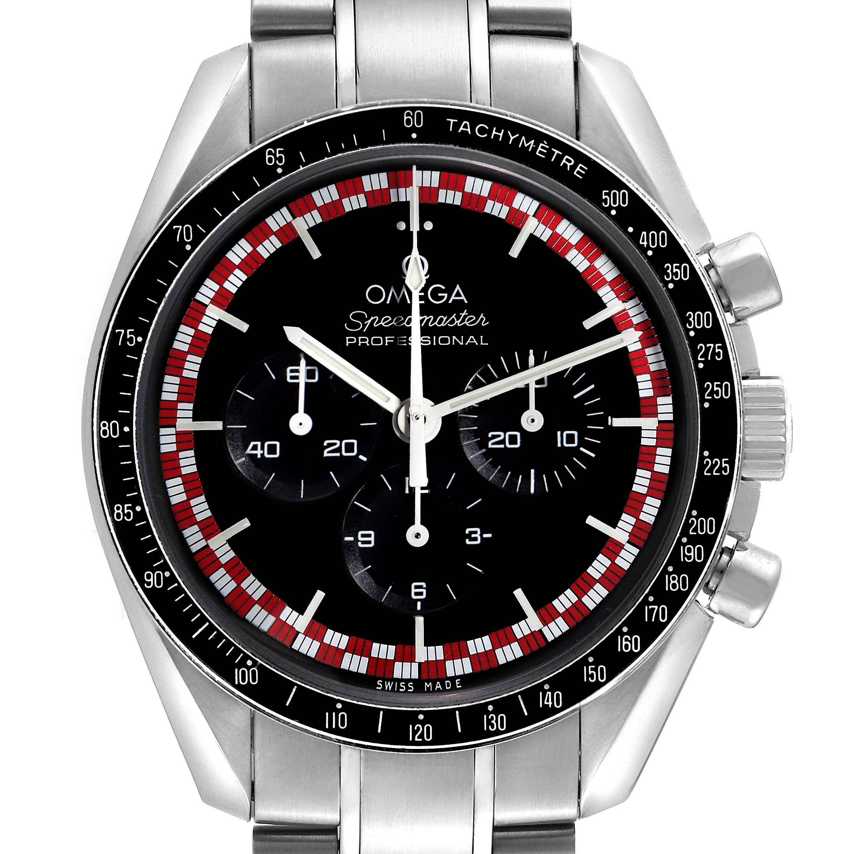 The Omega Speedmaster 311.30.42.30.01.004 Men
s Stainless Steel Black Dial 311.30.42.30.01.004 Men
s Stainless Steel Black Dial model is shown from the front, highlighting its black dial and chronograph subdials.