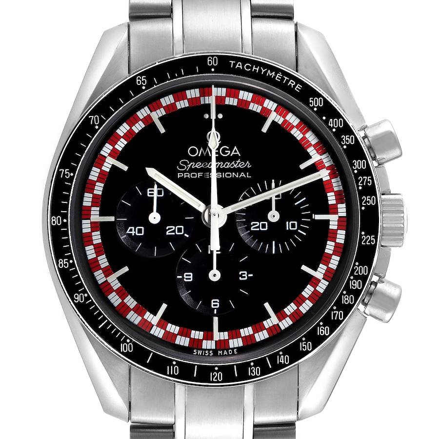 The Omega Speedmaster model is shown from the front, highlighting its black dial and chronograph subdials.