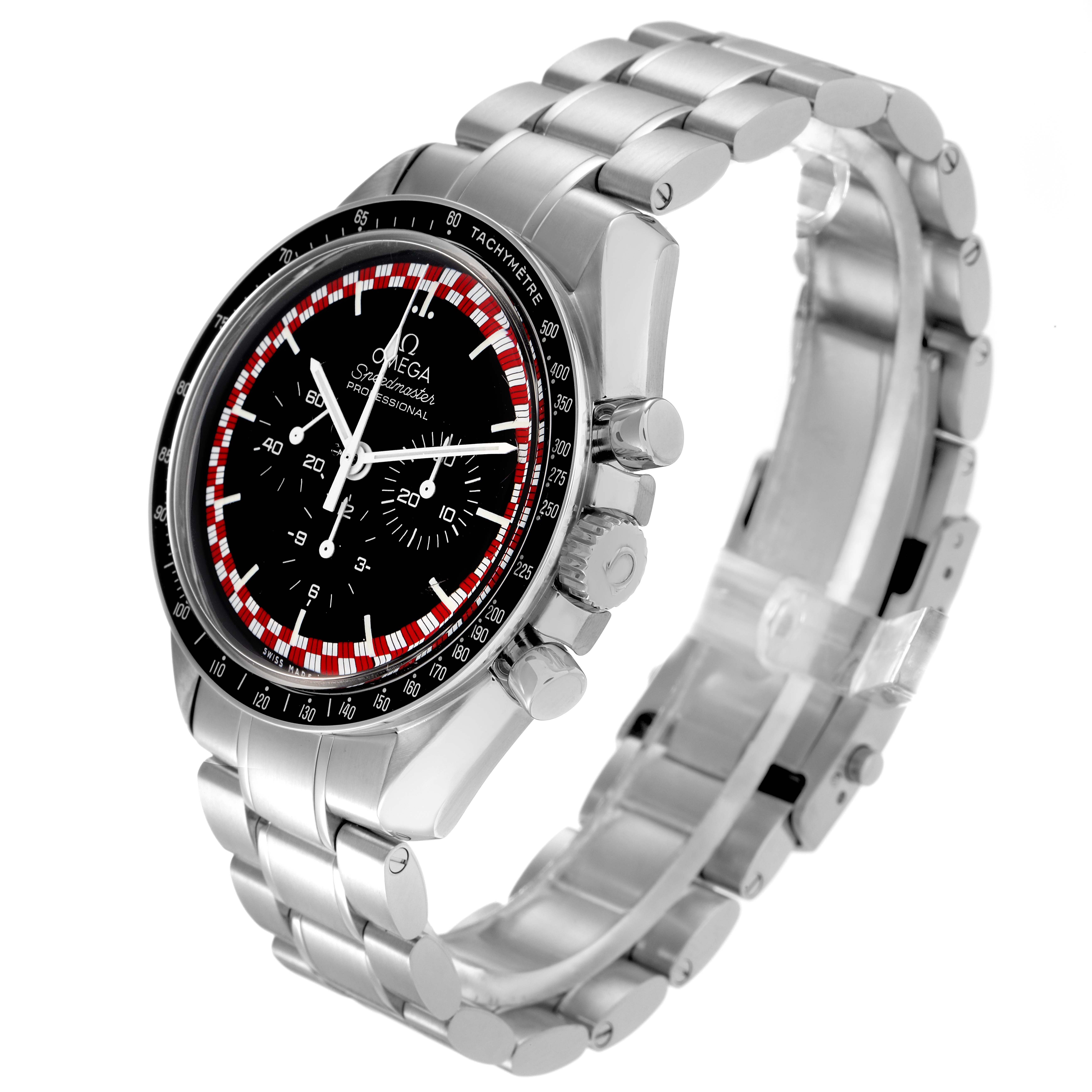 The Omega Speedmaster 311.30.42.30.01.004 Men
s Stainless Steel Black Dial 311.30.42.30.01.004 Men
s Stainless Steel Black Dial watch is shown at a three-quarter angle, highlighting the face, bezel, crown, and metal bracelet.