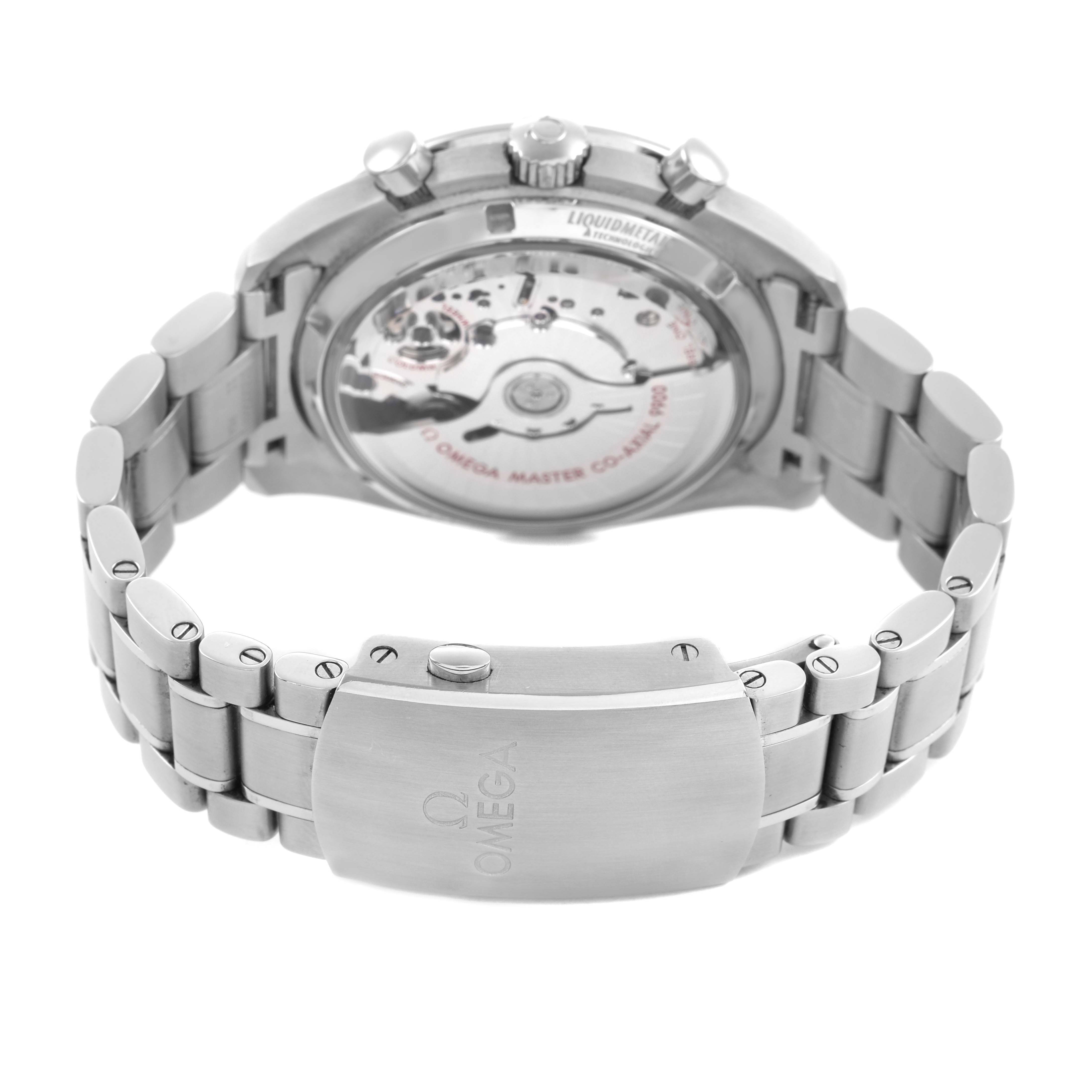 The image shows the back and bracelet of an Omega Speedmaster 329.30.44.51.01.002 Men's Stainless Steel Black Dial, highlighting the movement and engraved clasp.