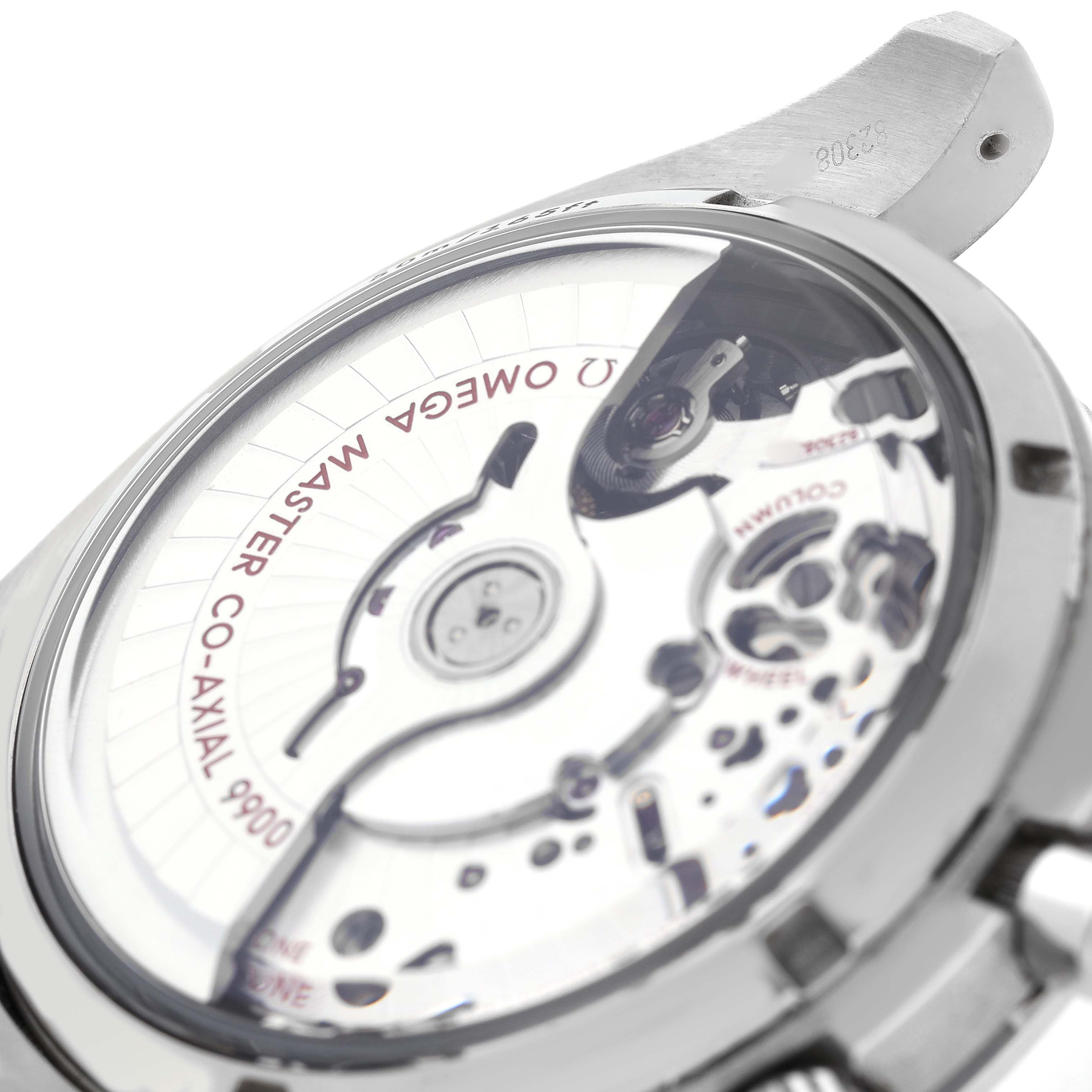 The image shows the back view of the Omega Speedmaster 329.30.44.51.01.002 Men's Stainless Steel Black Dial, highlighting the exposed movement and internal mechanics.