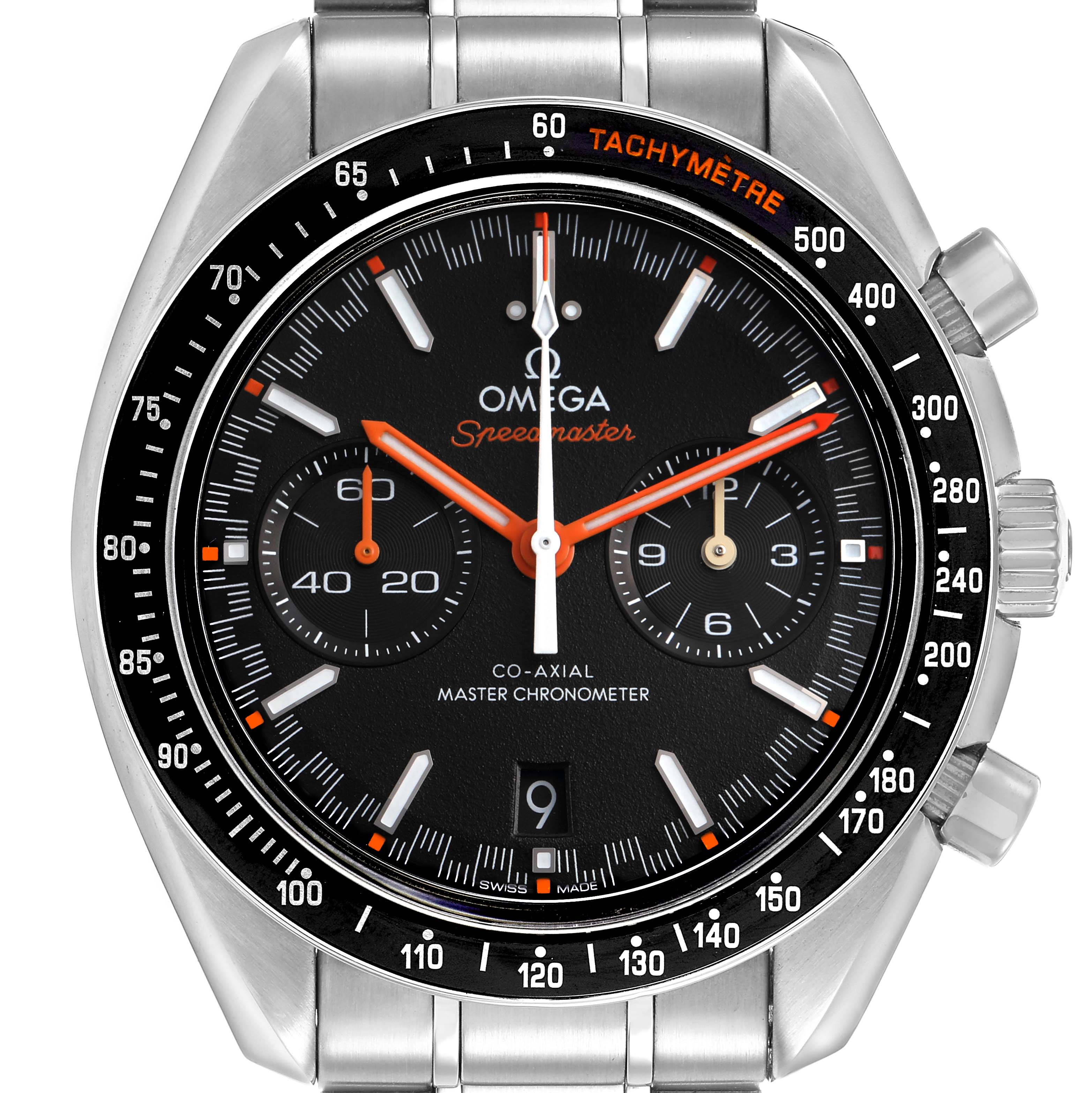 The Omega Speedmaster 329.30.44.51.01.002 Men's Stainless Steel Black Dial watch is shown from a front angle, highlighting the black dial, chronograph subdials, and tachymeter bezel.