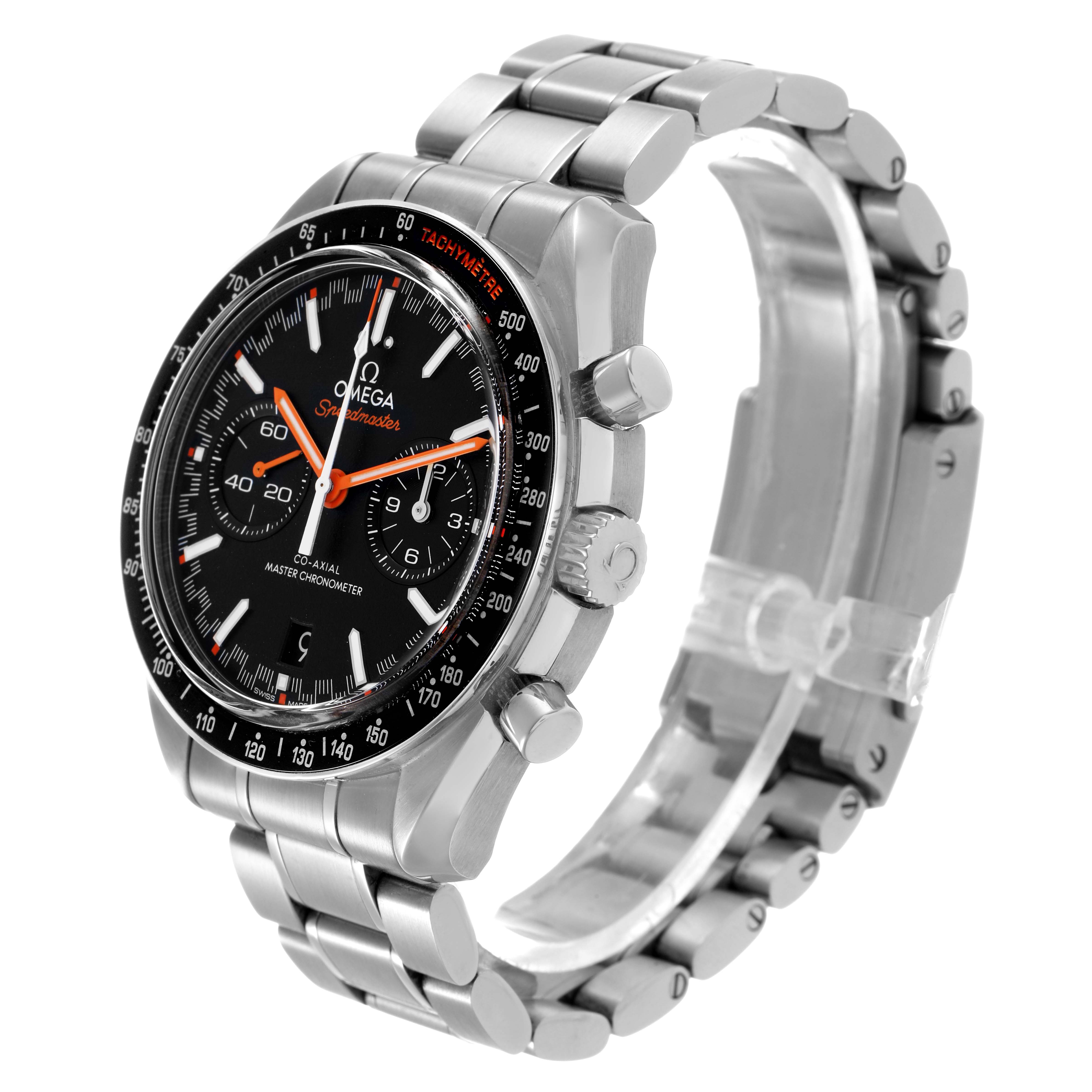 The Omega Speedmaster 329.30.44.51.01.002 Men's Stainless Steel Black Dial watch is shown at a three-quarter angle, highlighting the face, case, bezel, and bracelet.