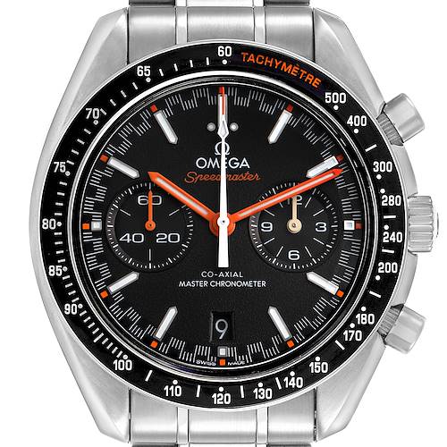 The Omega Speedmaster 329.30.44.51.01.002 Men's Stainless Steel Black Dial model watch is shown from a front angle, displaying the face, bezel, and part of the bracelet.