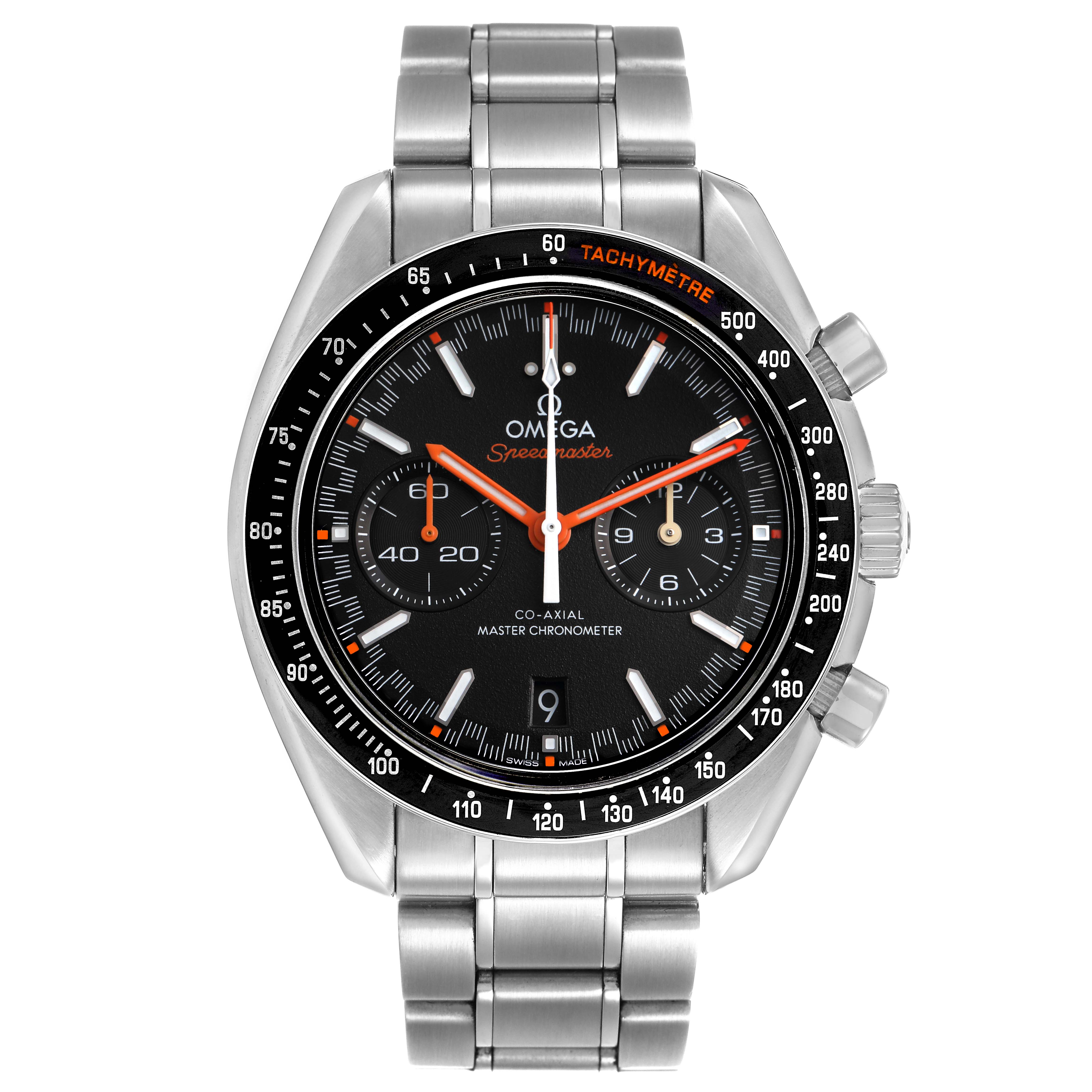 The Omega Speedmaster 329.30.44.51.01.002 Men's Stainless Steel Black Dial watch is shown from the front, displaying the dial, tachymeter, and metal bracelet.