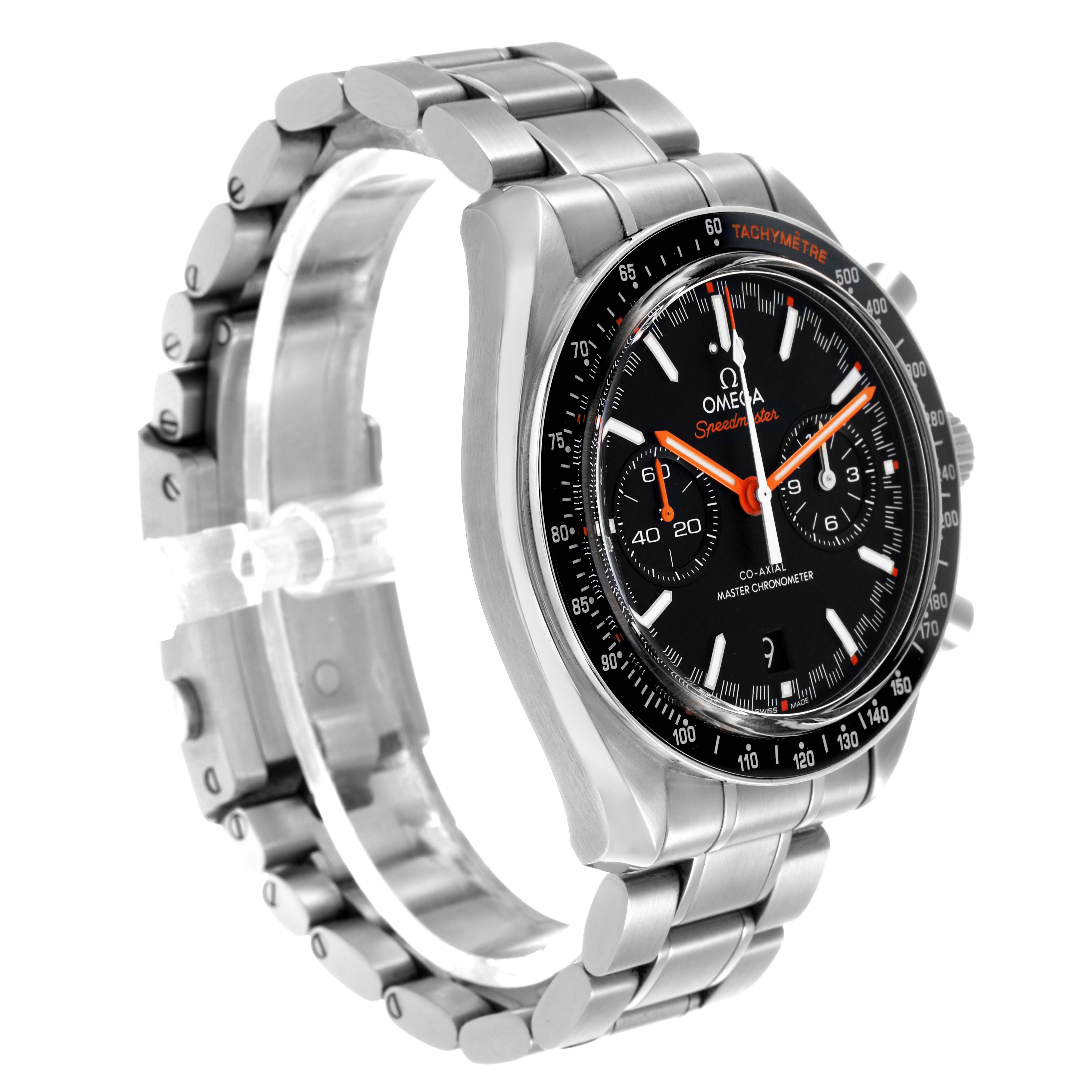 The image shows the Omega Speedmaster 329.30.44.51.01.002 Men's Stainless Steel Black Dial watch at a three-quarter angle, highlighting the face, bezel, and bracelet.