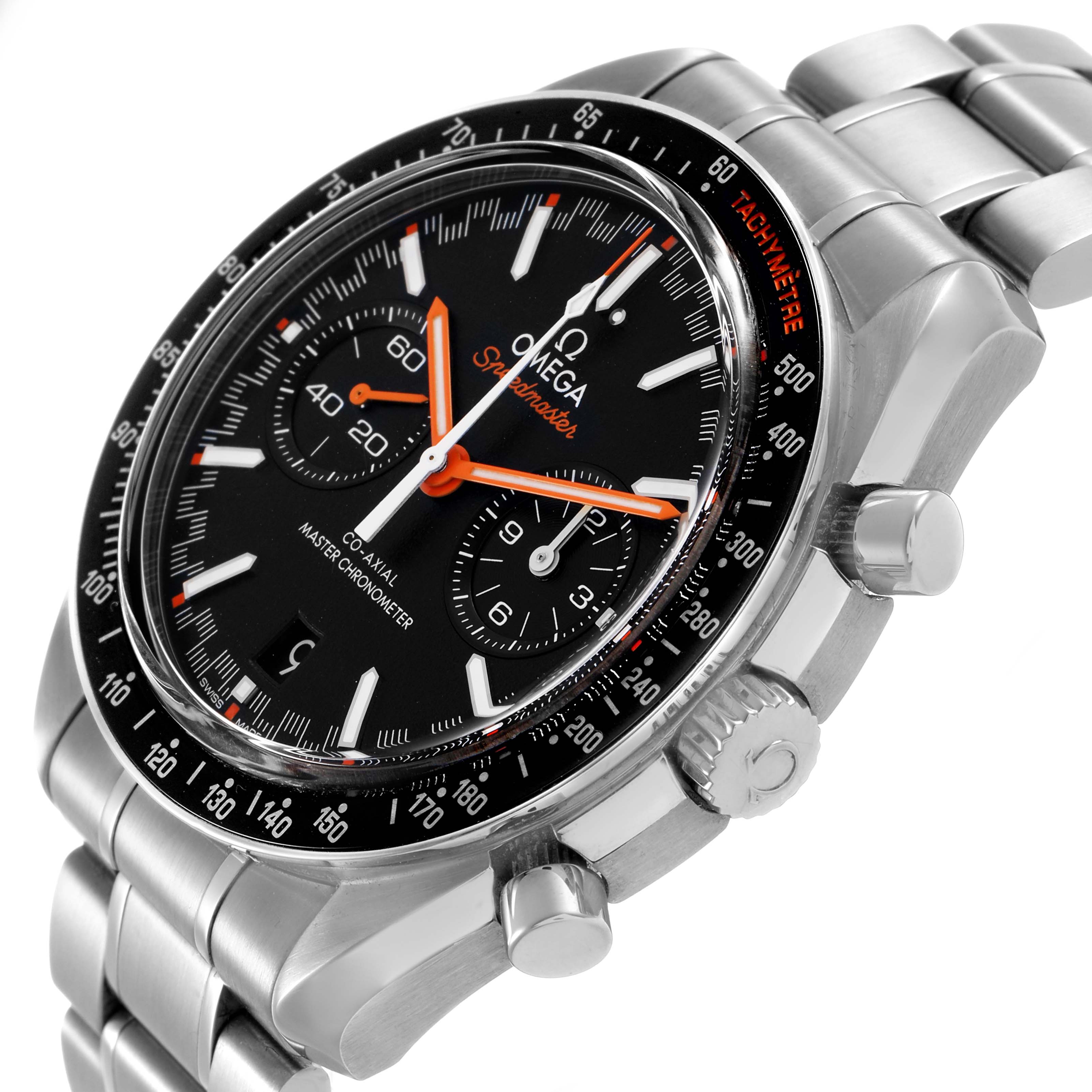 The Omega Speedmaster 329.30.44.51.01.002 Men's Stainless Steel Black Dial watch is shown at a slight side angle, highlighting its face, tachymeter bezel, crown, and stainless steel bracelet.